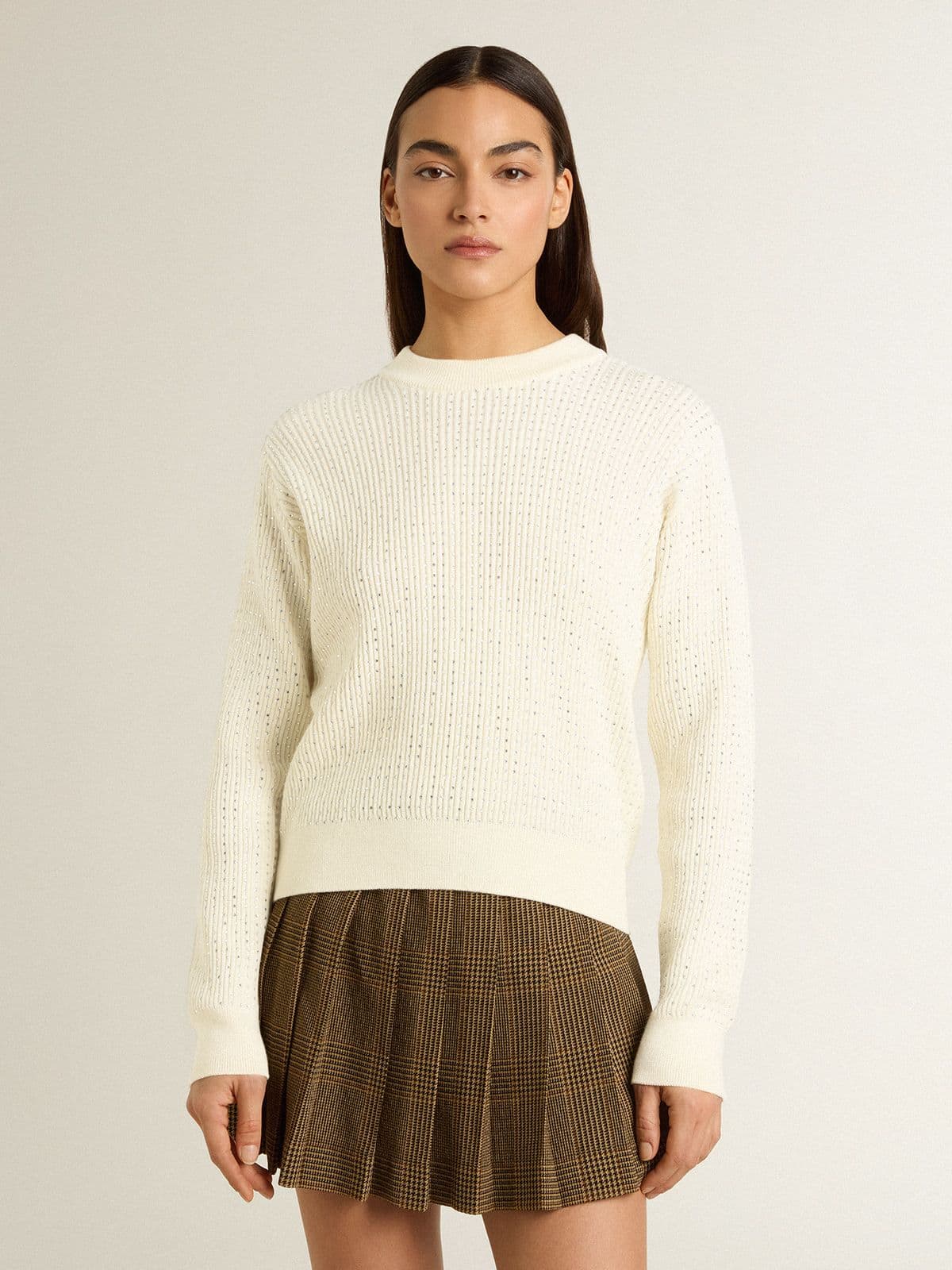 Golden Goose Women's crew-neck sweater in white merino wool with all-over crystals