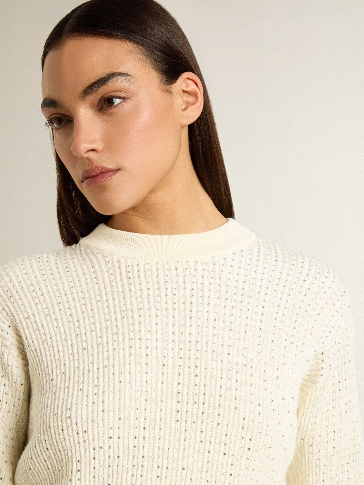 Golden Goose Women's crew-neck sweater in white merino wool with all-over crystals
