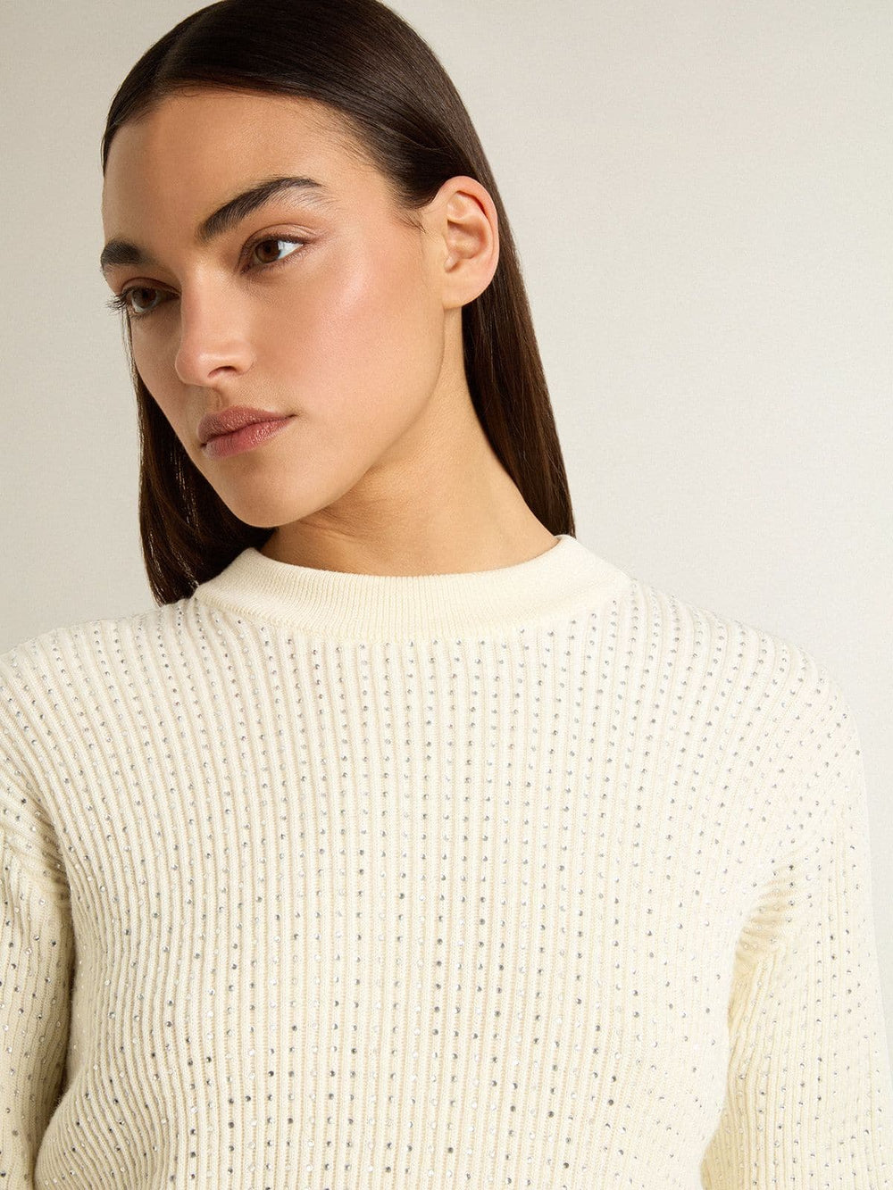 Golden Goose Women's crew-neck sweater in white merino wool with all-over crystals