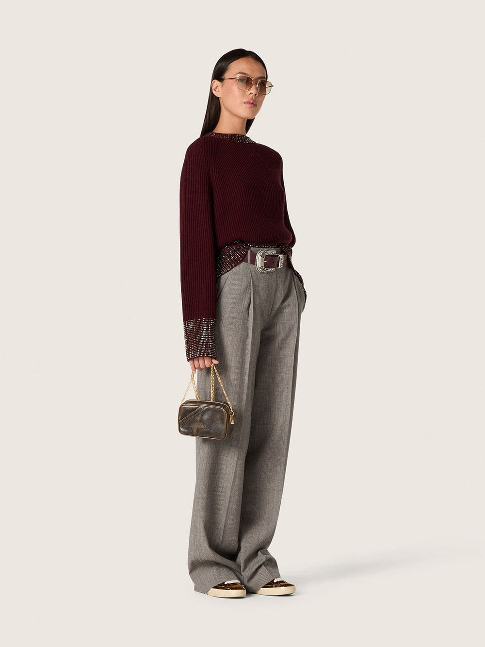 Golden Goose Women's crew-neck sweater in burgundy wool with rhinestone embroidery