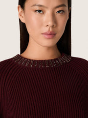 Golden Goose Women's crew-neck sweater in burgundy wool with rhinestone embroidery
