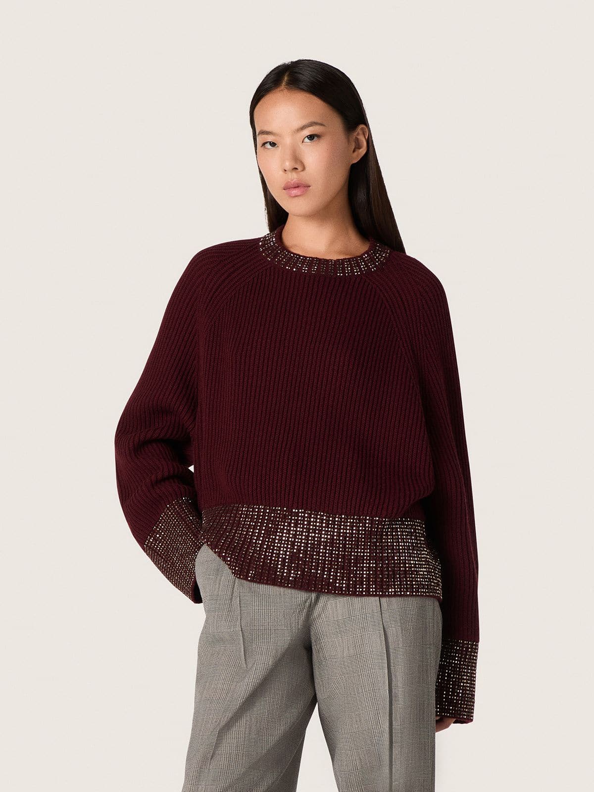 Golden Goose Women's crew-neck sweater in burgundy wool with rhinestone embroidery
