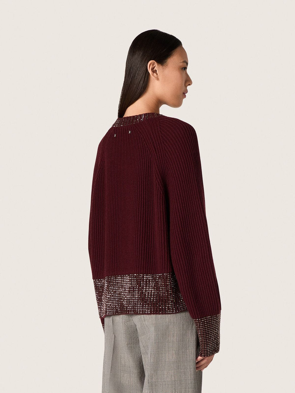 Golden Goose Women's crew-neck sweater in burgundy wool with rhinestone embroidery
