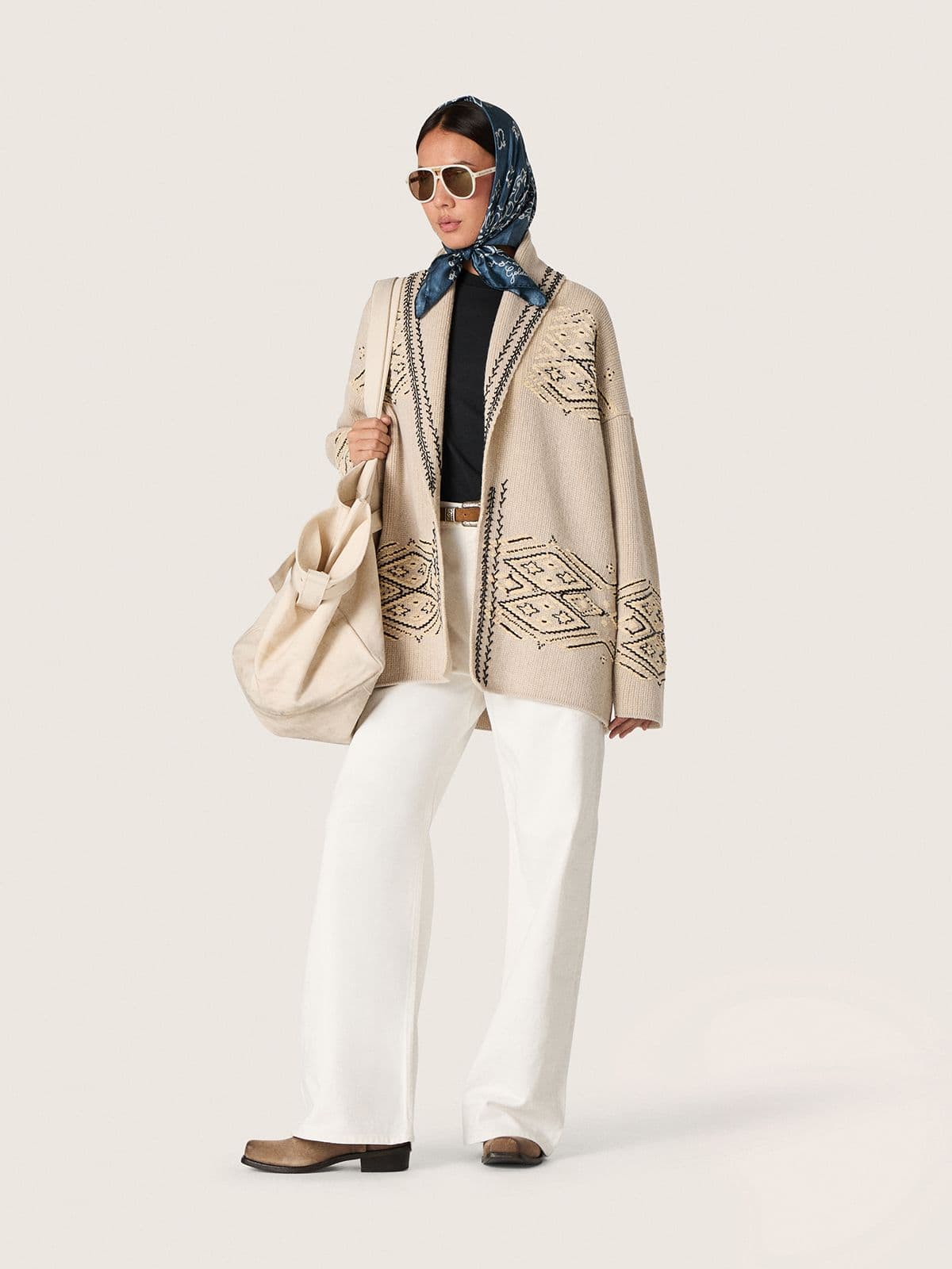 Golden Goose Women's belted cardigan in beige wool blend with contrast embroidery