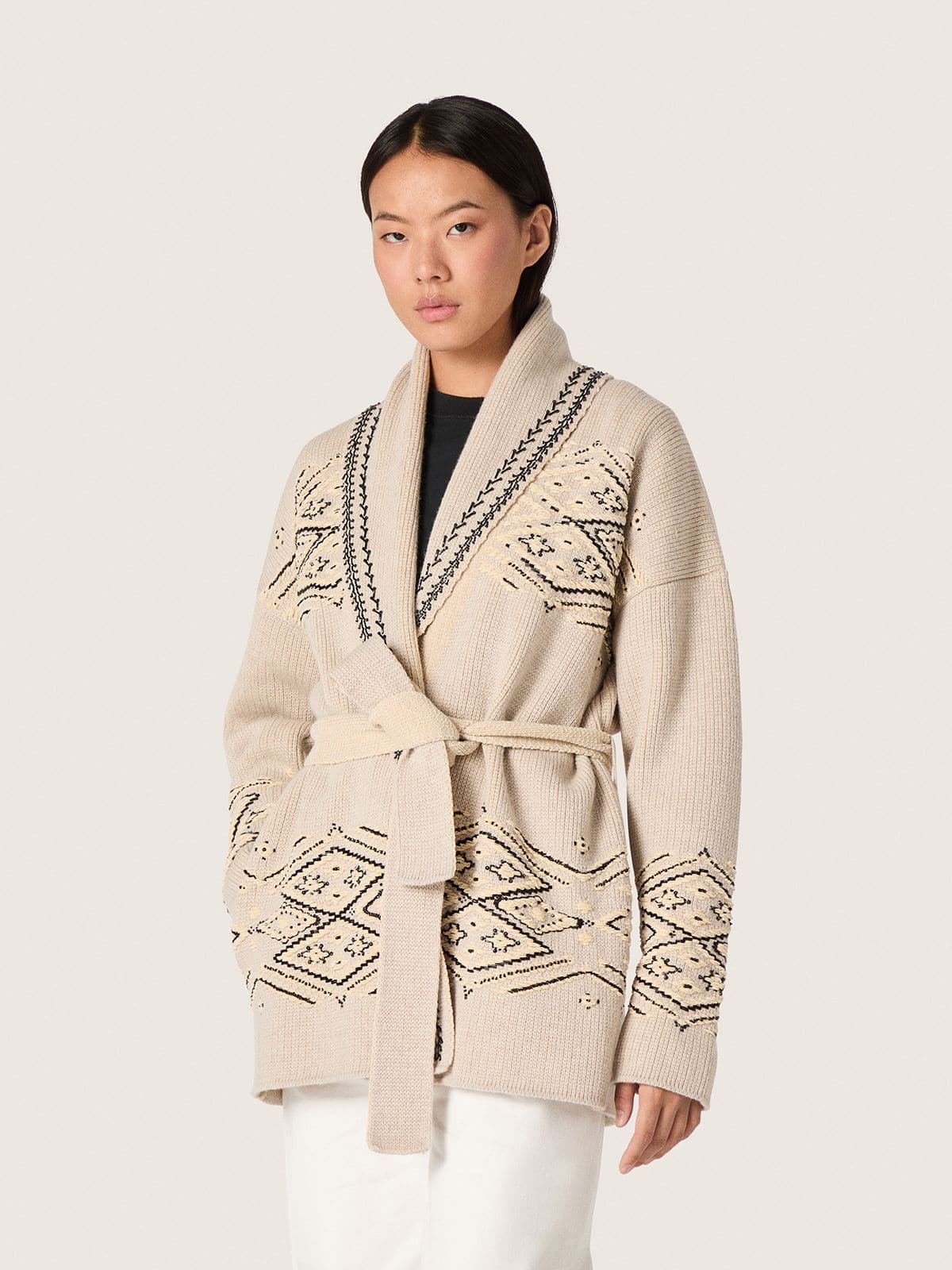 Golden Goose Women's belted cardigan in beige wool blend with contrast embroidery