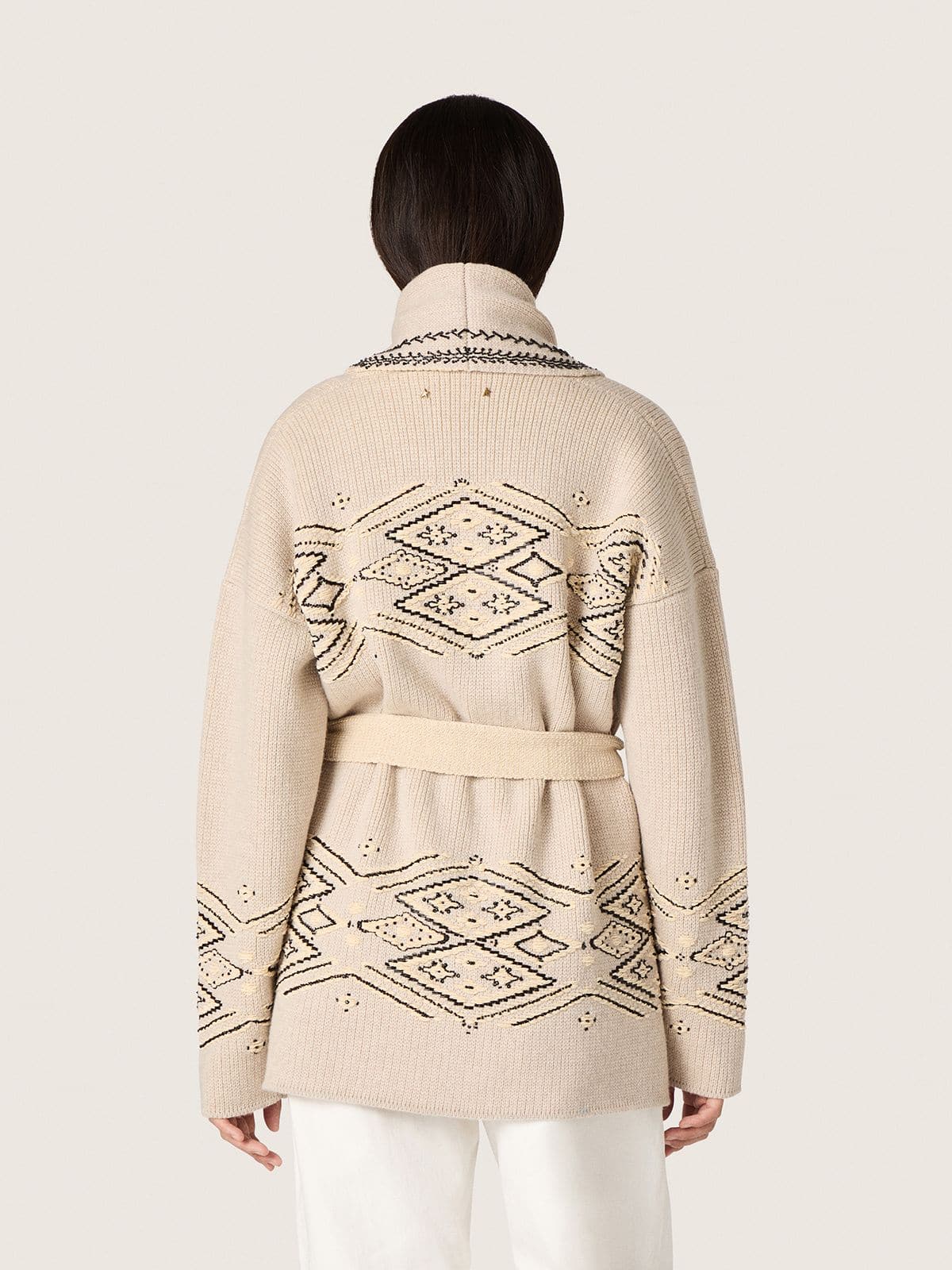 Golden Goose Women's belted cardigan in beige wool blend with contrast embroidery