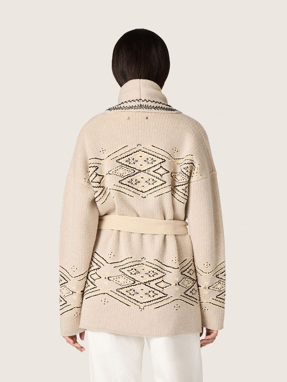 Golden Goose Women's belted cardigan in beige wool blend with contrast embroidery