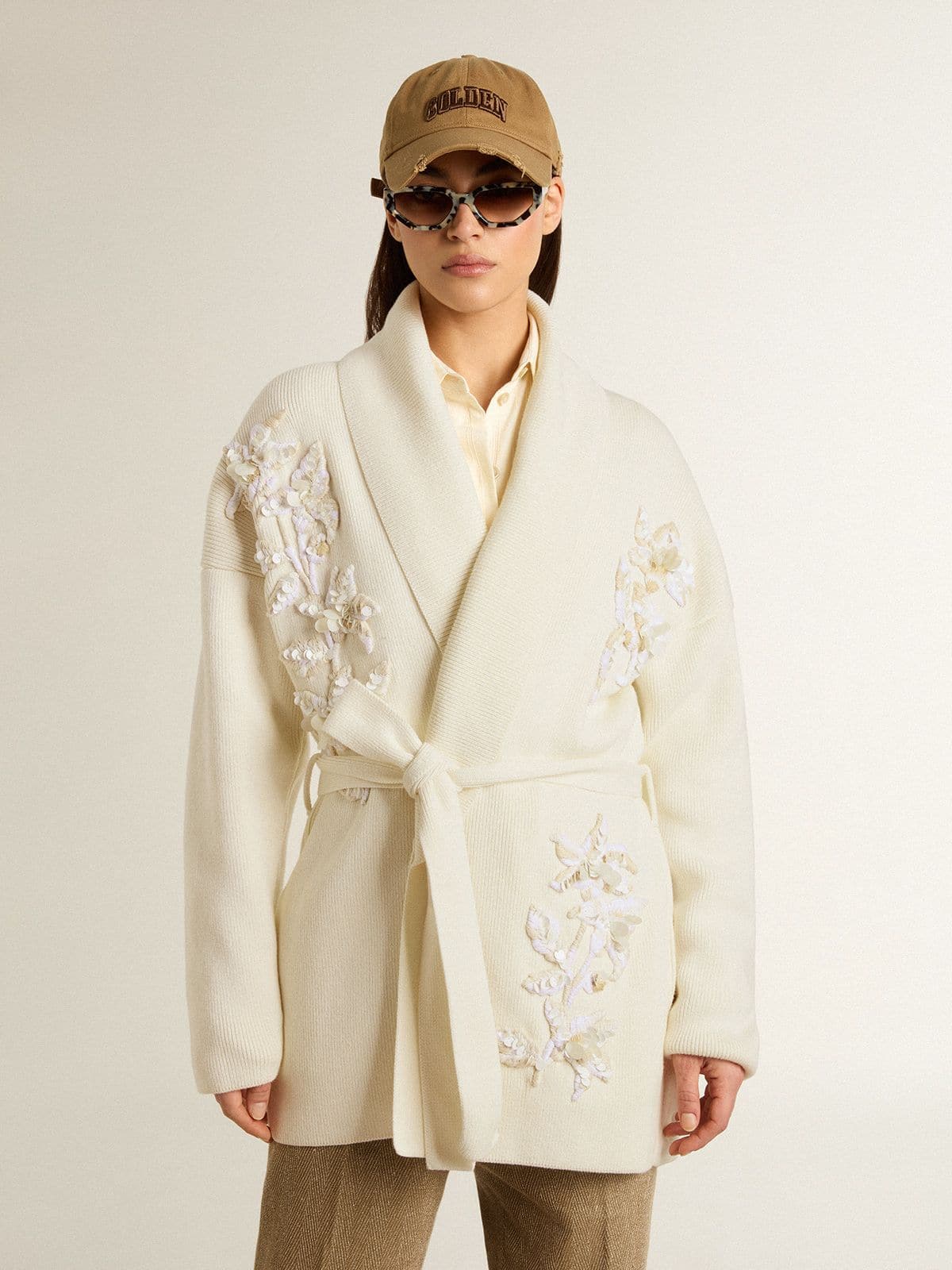 Golden Goose Women's cream-colored cotton cardigan with floral embroidery