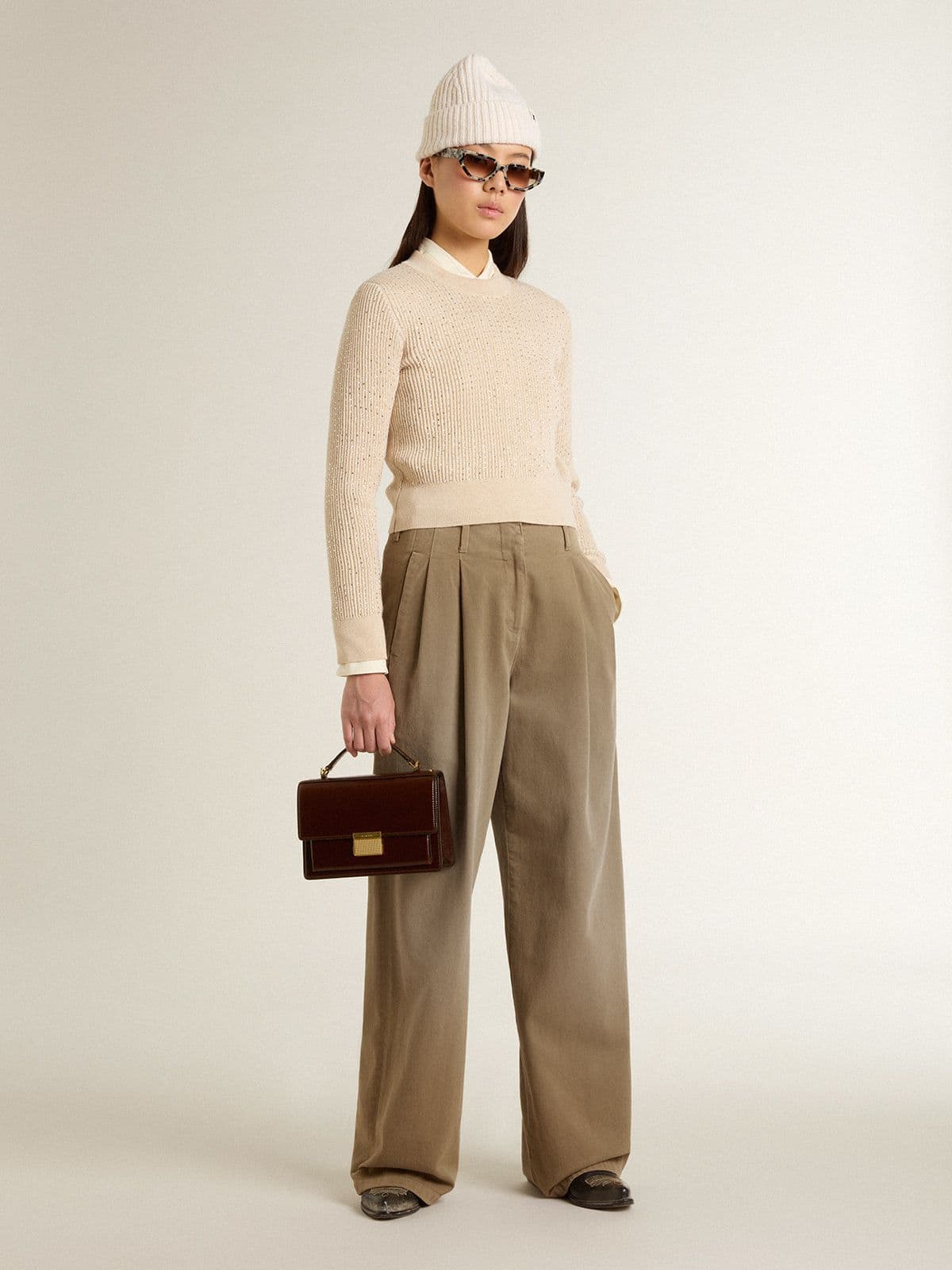 Golden Goose Cropped round-neck sweater in beige wool with all-over crystals