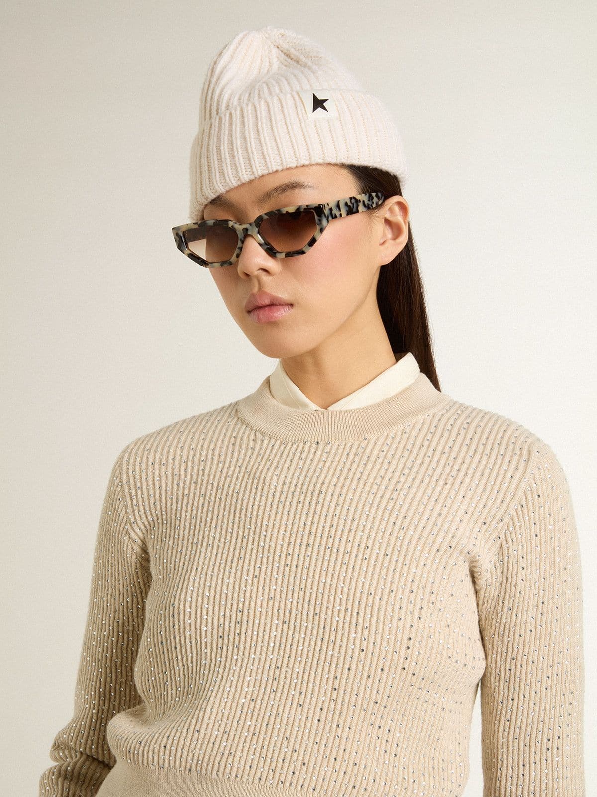 Golden Goose Cropped round-neck sweater in beige wool with all-over crystals