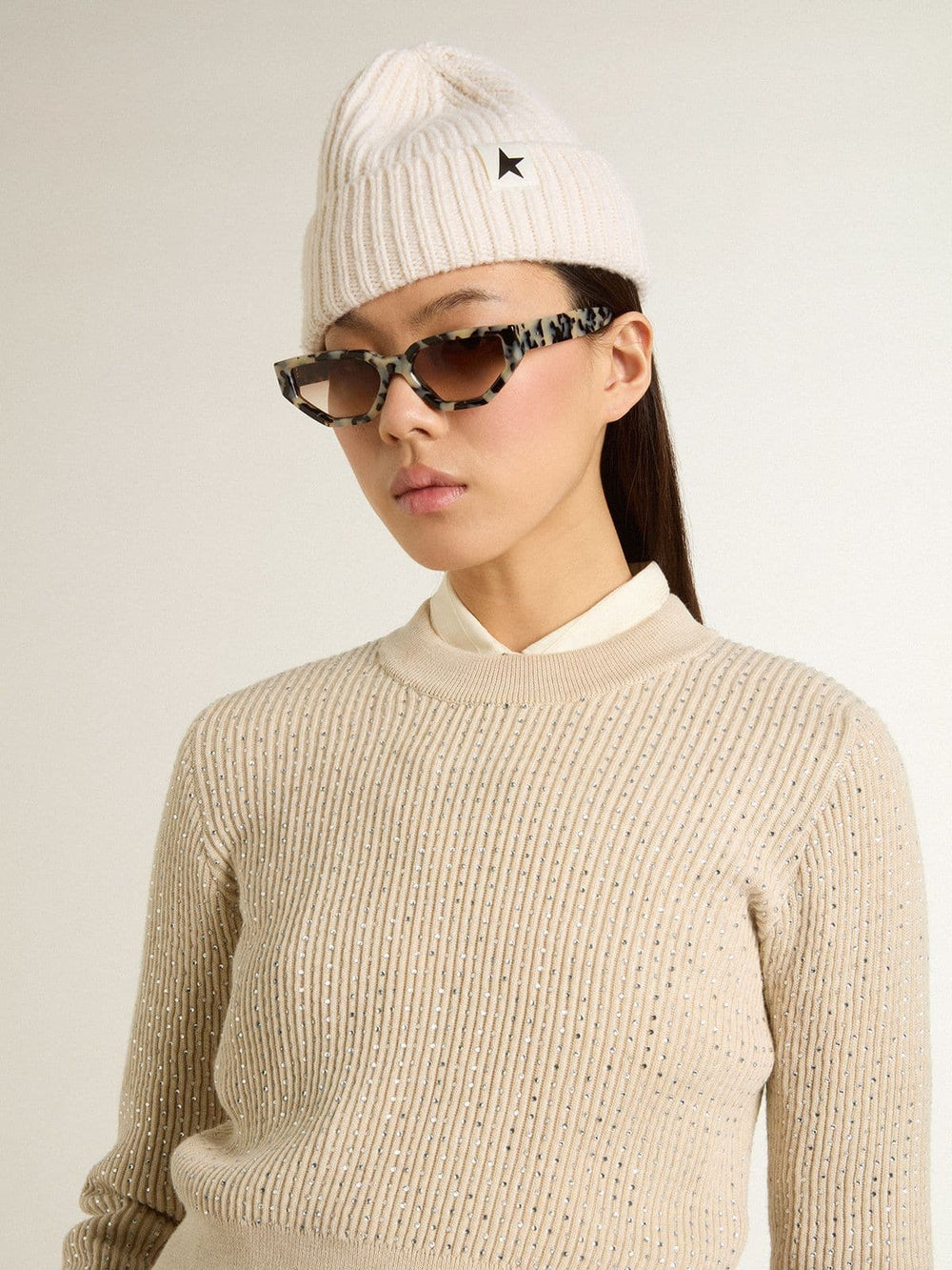 Golden Goose Cropped round-neck sweater in beige wool with all-over crystals