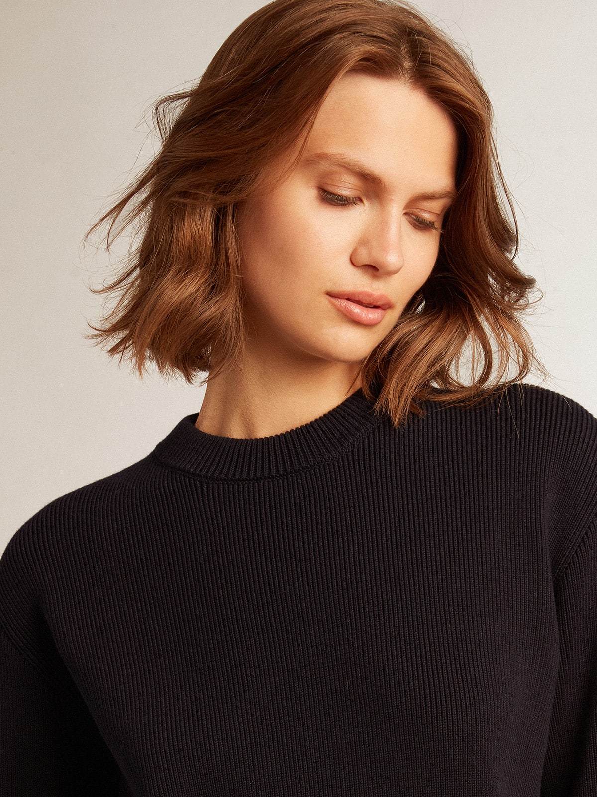 Golden Goose Women’s round-neck sweater in dark blue cotton with logo on the back