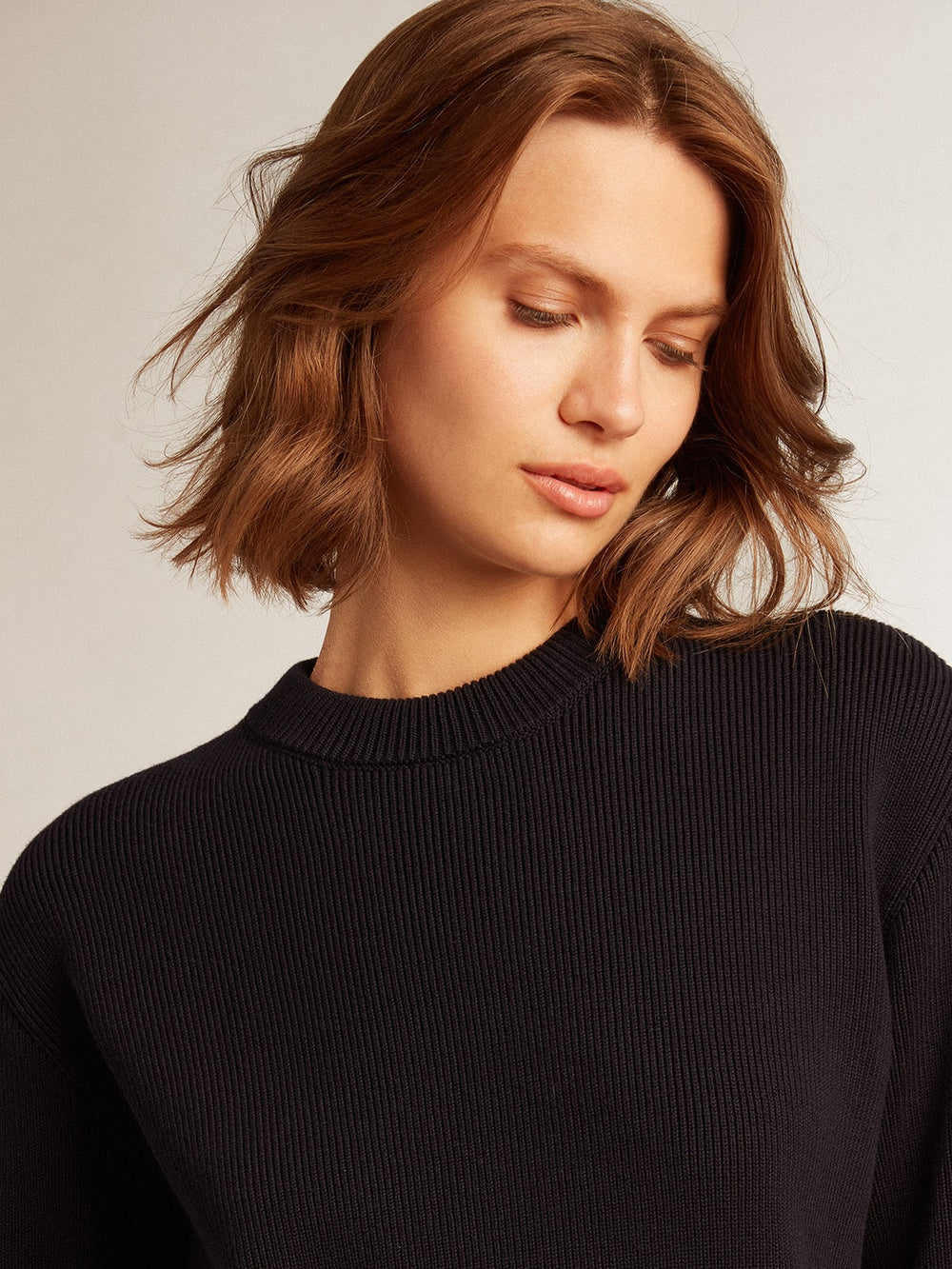 Golden Goose Women’s round-neck sweater in dark blue cotton with logo on the back