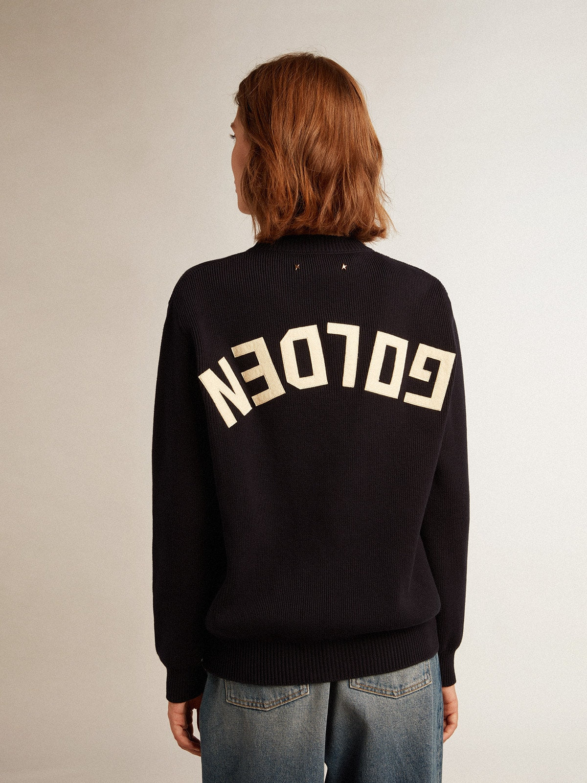 Golden Goose Women’s round-neck sweater in dark blue cotton with logo on the back
