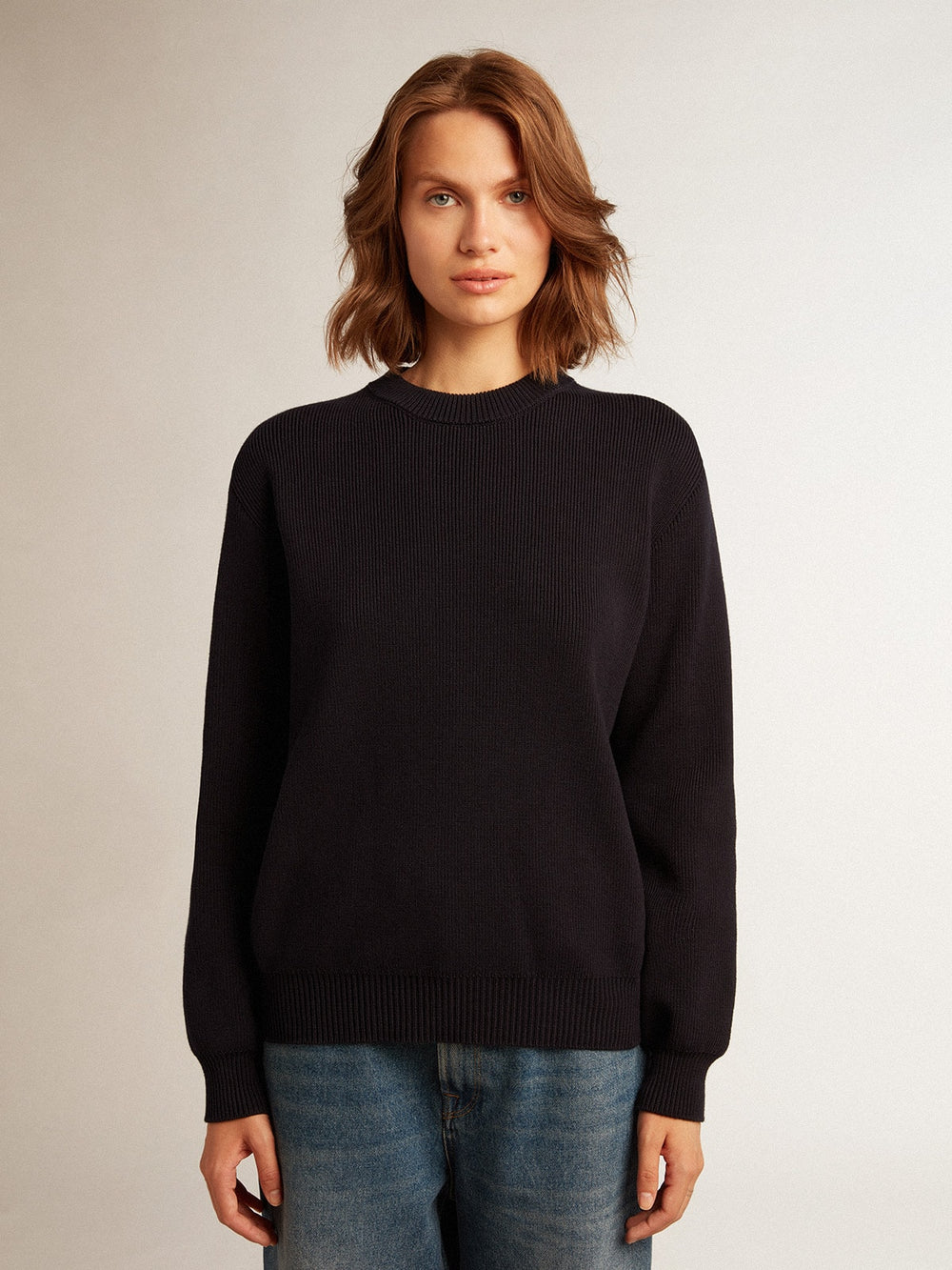 Golden Goose Women’s round-neck sweater in dark blue cotton with logo on the back