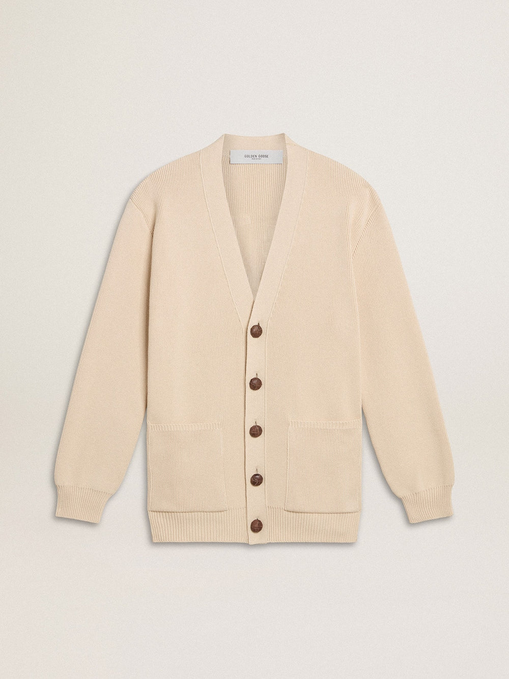 Golden Goose Women’s beige cardigan with 'Golden' lettering on the back