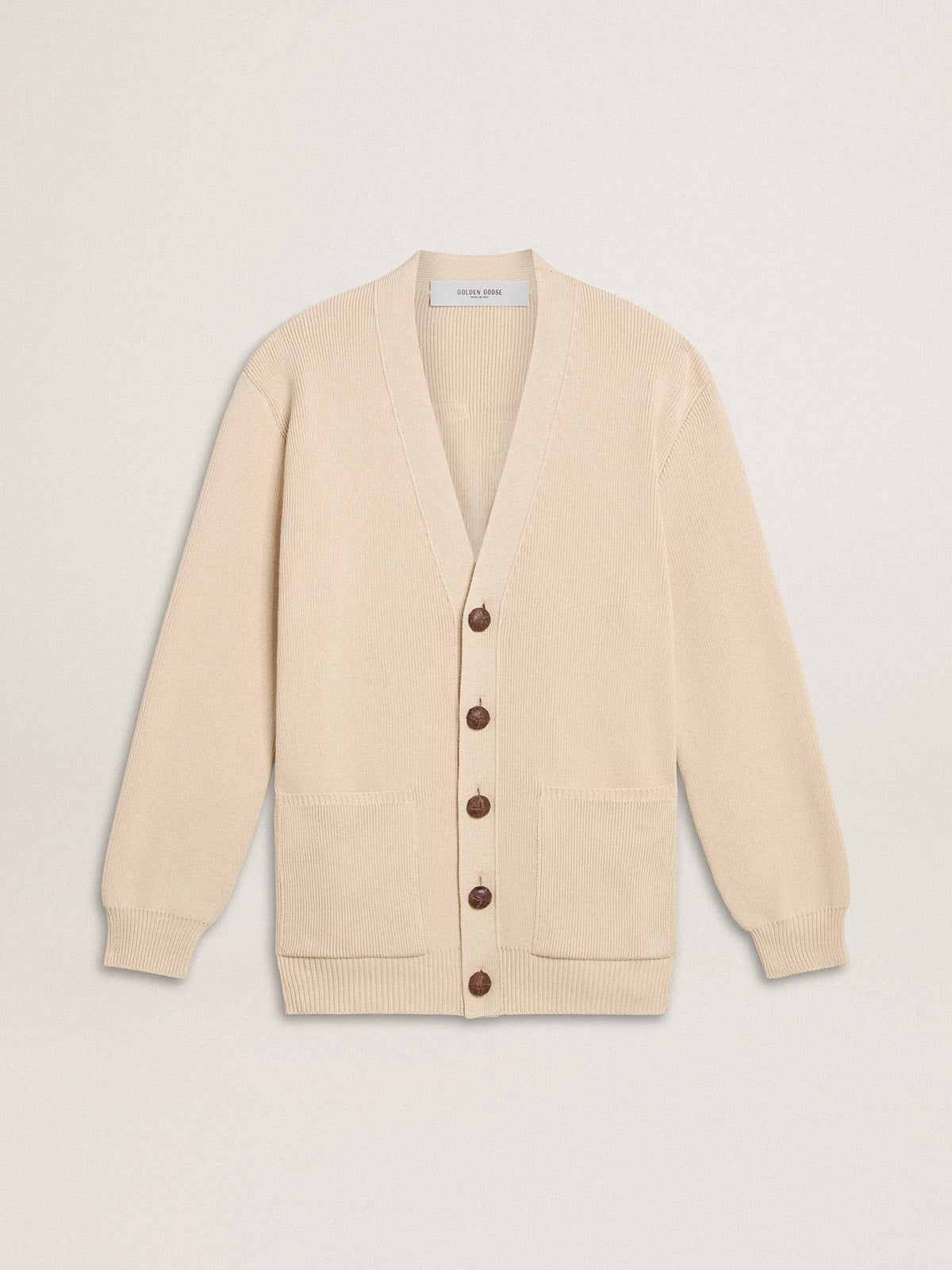 Golden Goose Women’s beige cardigan with 'Golden' lettering on the back