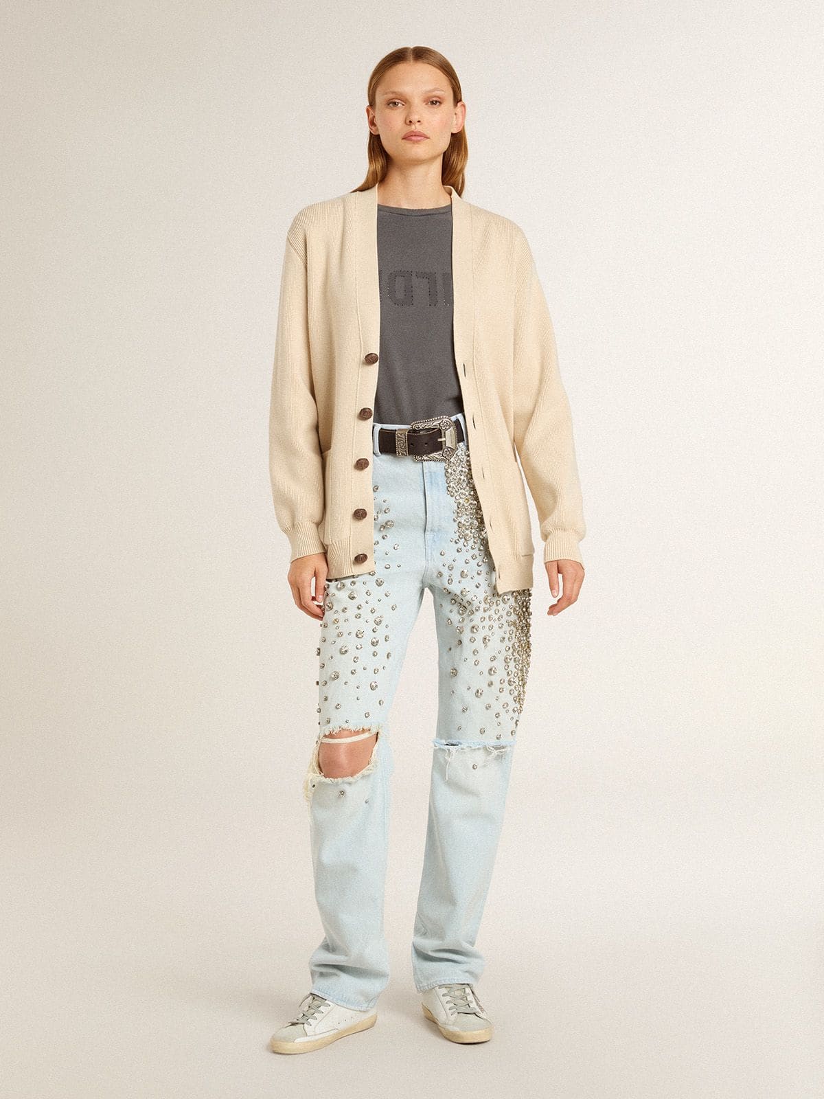 Golden Goose Women’s beige cardigan with 'Golden' lettering on the back