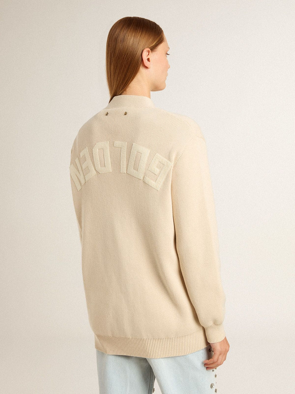 Golden Goose Women’s beige cardigan with 'Golden' lettering on the back