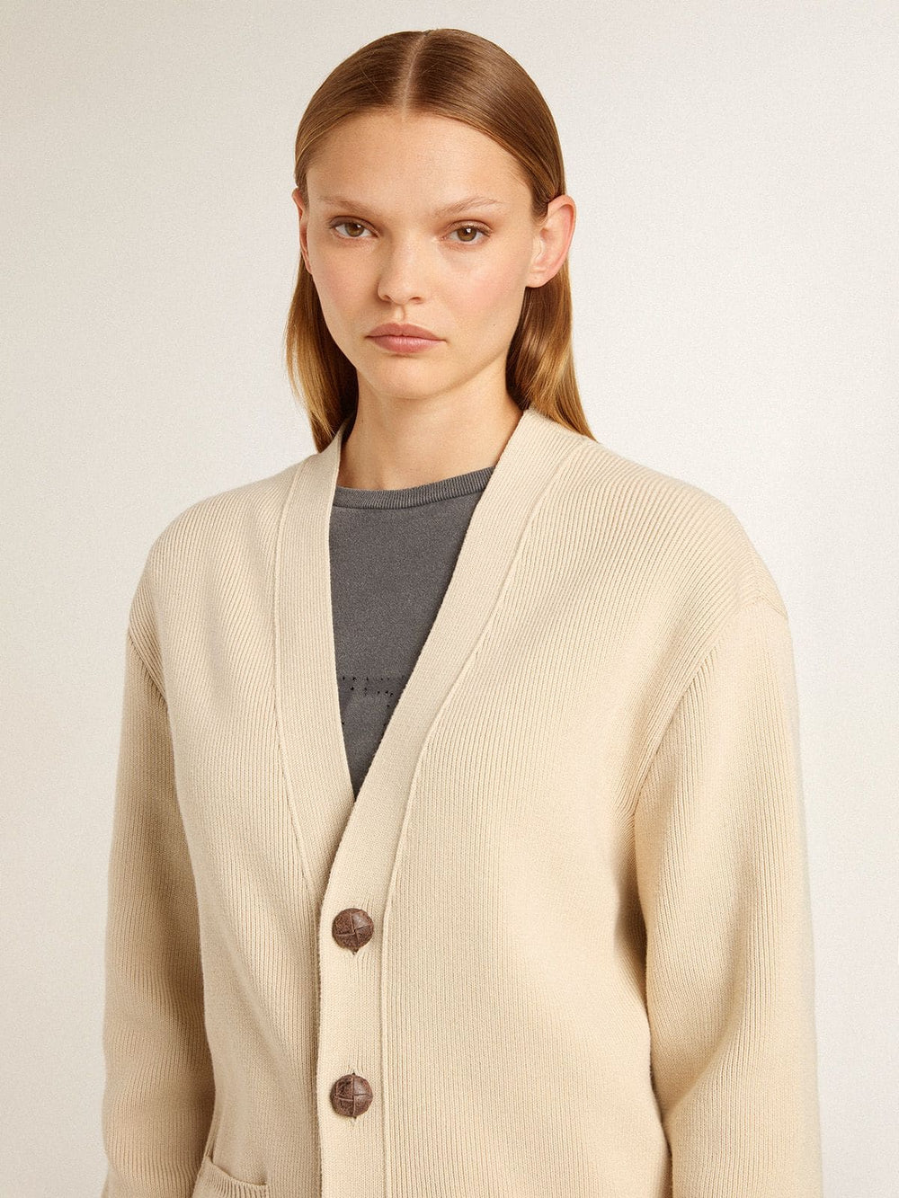 Golden Goose Women’s beige cardigan with 'Golden' lettering on the back
