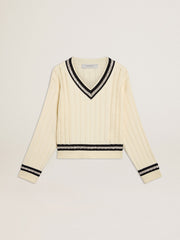 Golden Goose Women's cable-pattern cropped sweater with blue ribbing and crystals
