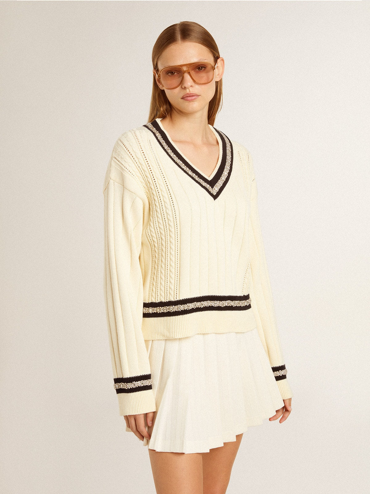 Golden Goose Women's cable-pattern cropped sweater with blue ribbing and crystals