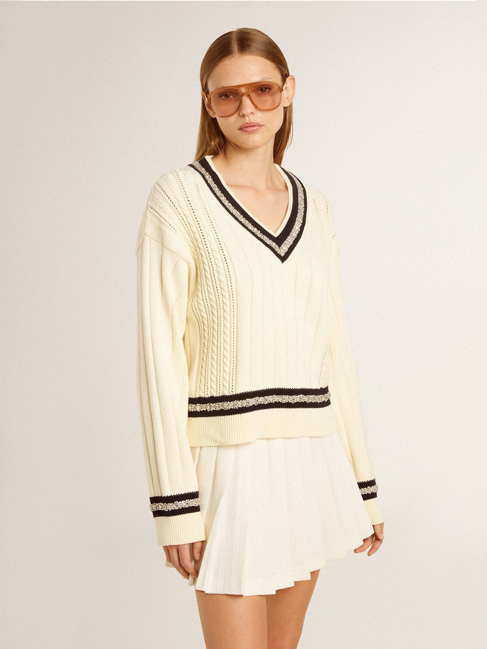 Golden Goose Women's cable-pattern cropped sweater with blue ribbing and crystals