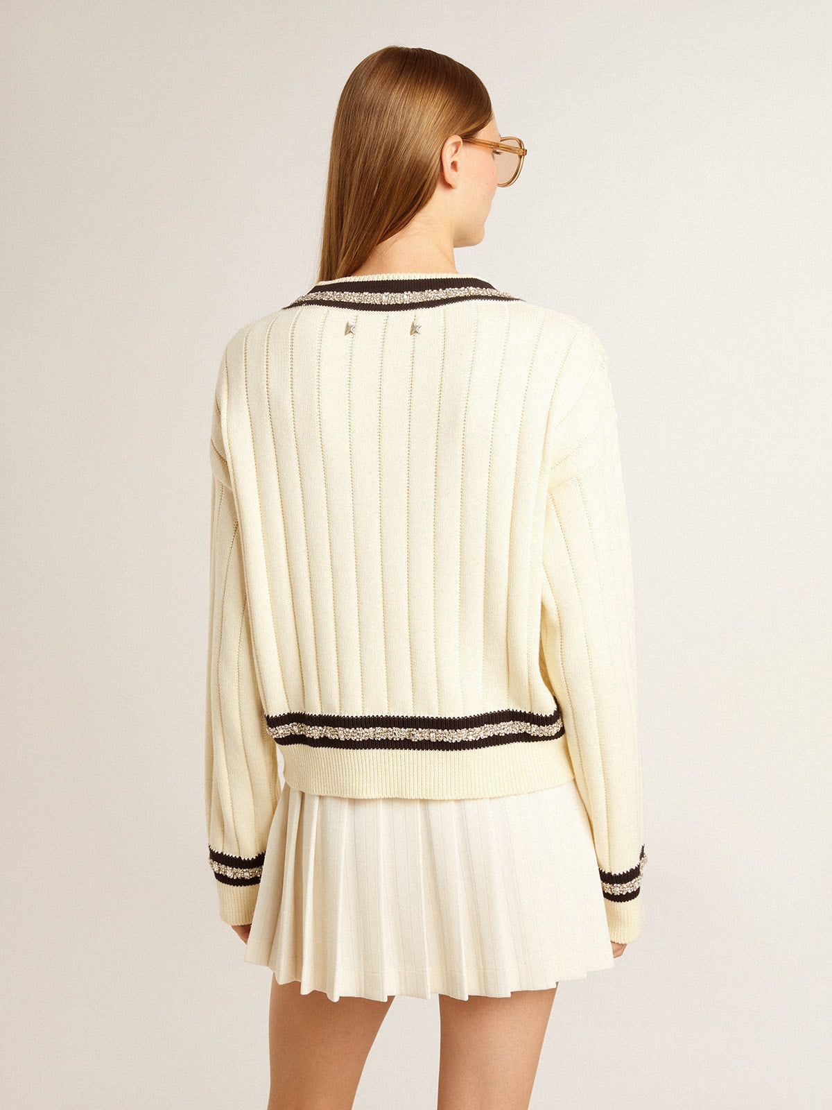 Golden Goose Women's cable-pattern cropped sweater with blue ribbing and crystals