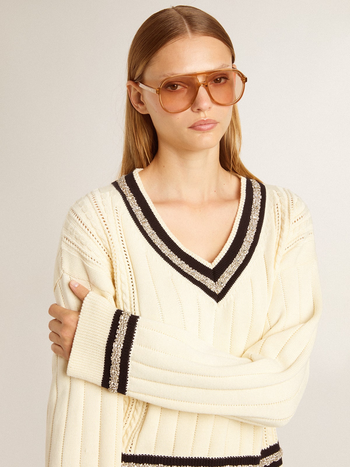 Golden Goose Women's cable-pattern cropped sweater with blue ribbing and crystals