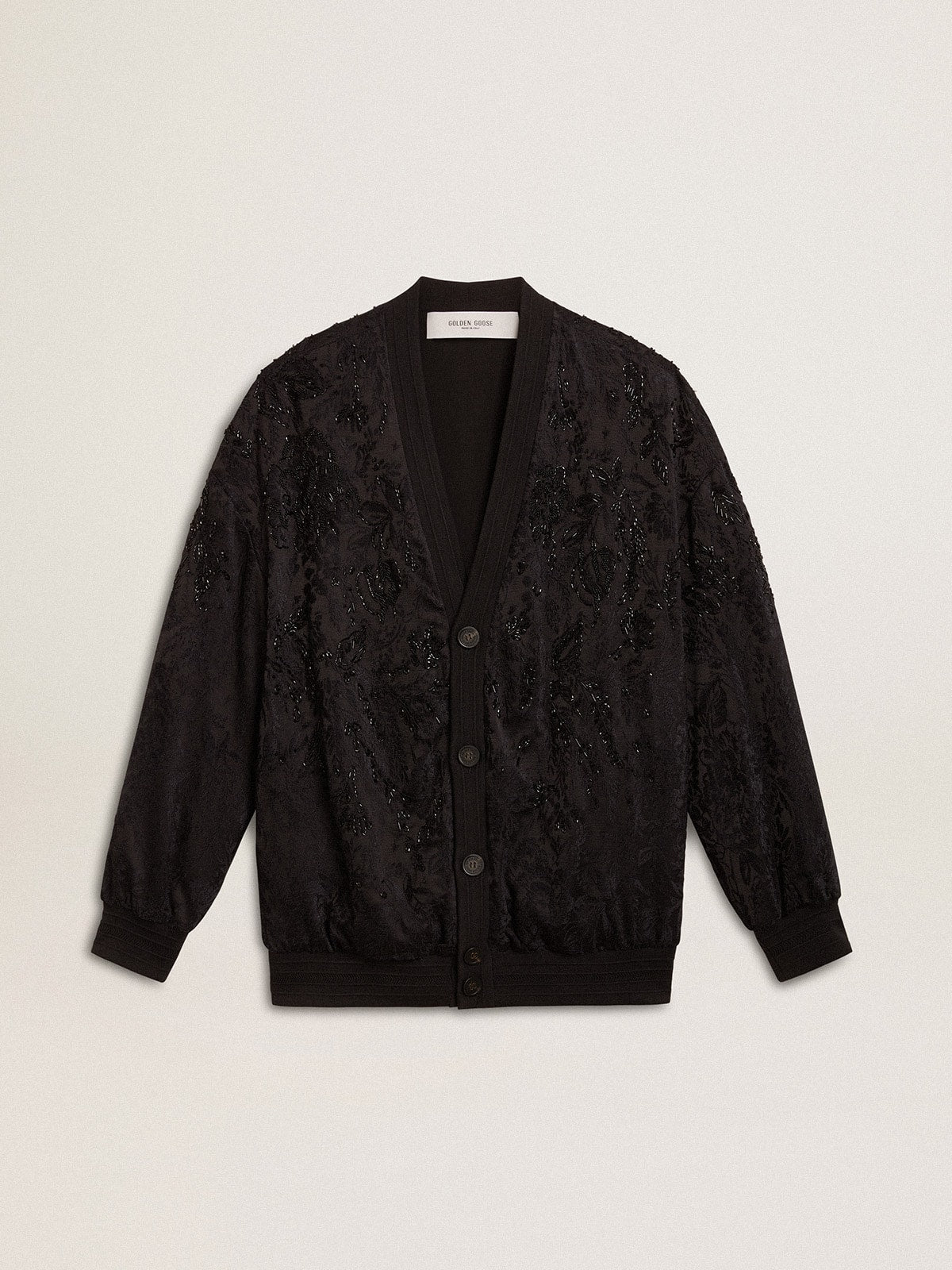 Golden Goose Women's black cardigan with tone-on-tone toile de jouy bead embroidery