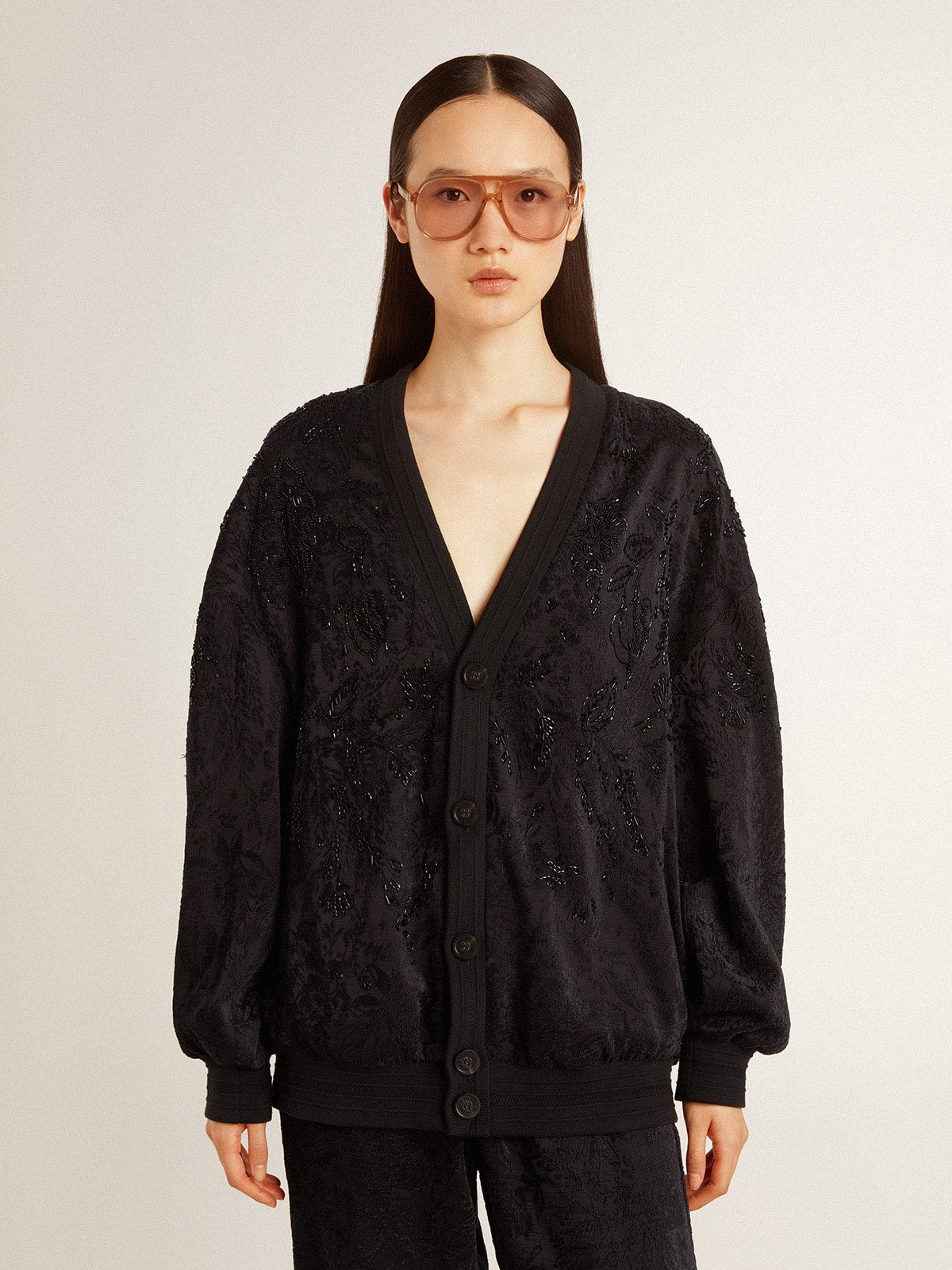 Golden Goose Women's black cardigan with tone-on-tone toile de jouy bead embroidery
