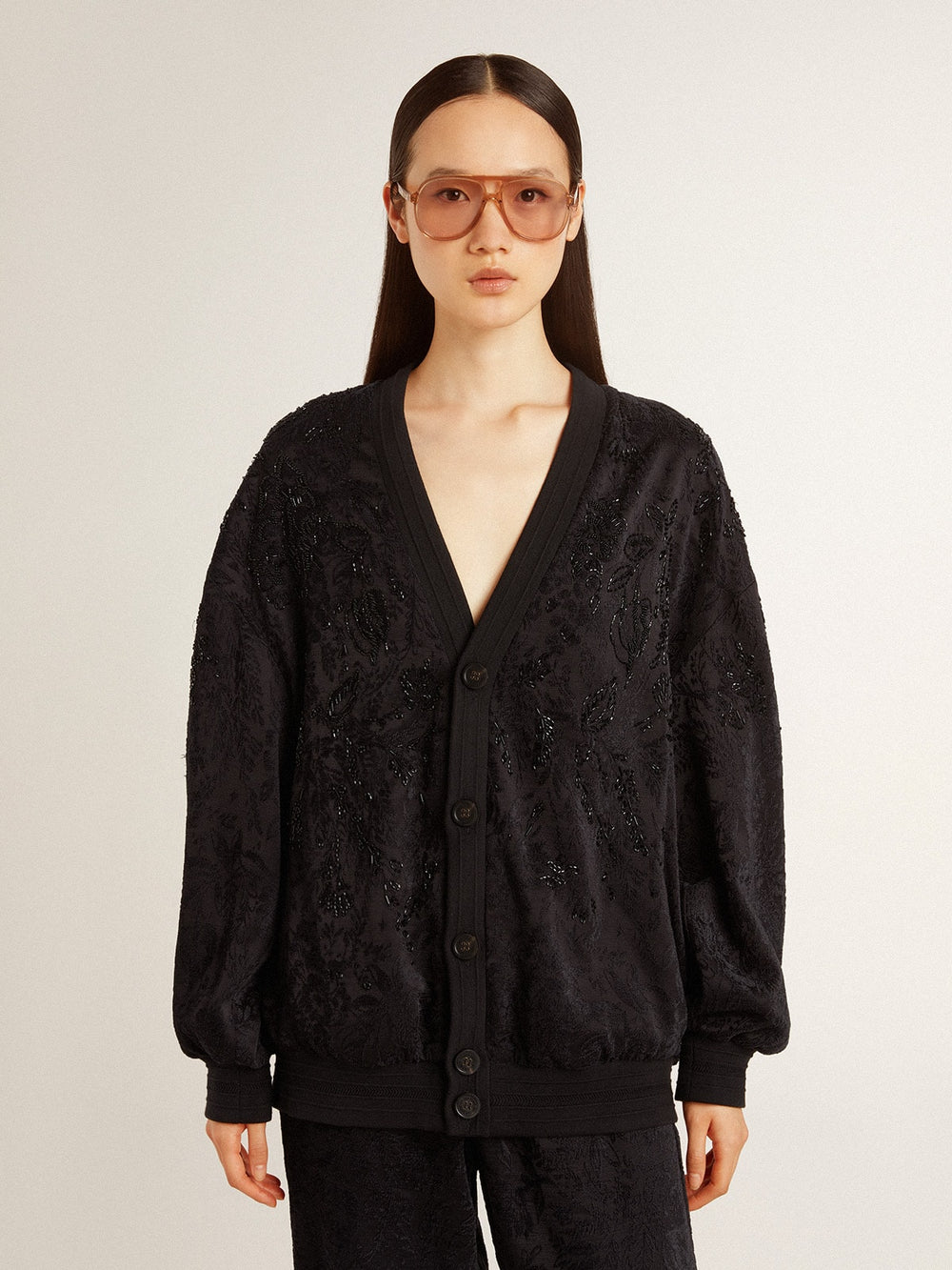 Golden Goose Women's black cardigan with tone-on-tone toile de jouy bead embroidery