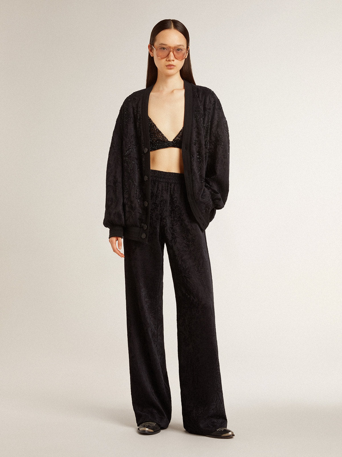 Golden Goose Women's black cardigan with tone-on-tone toile de jouy bead embroidery