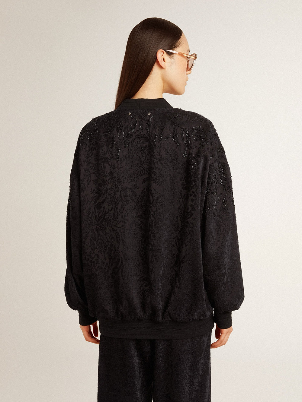 Golden Goose Women's black cardigan with tone-on-tone toile de jouy bead embroidery