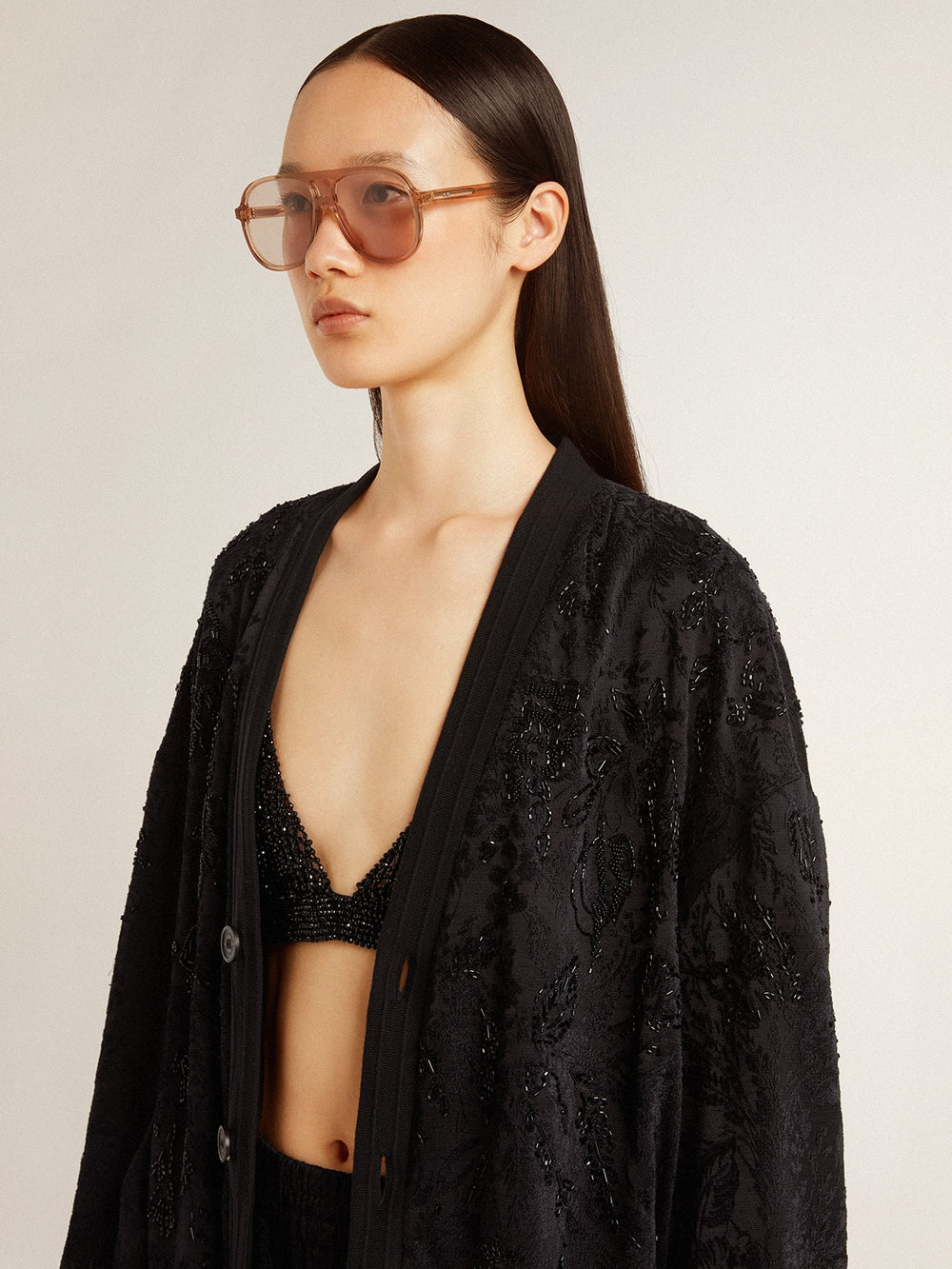 Golden Goose Women's black cardigan with tone-on-tone toile de jouy bead embroidery