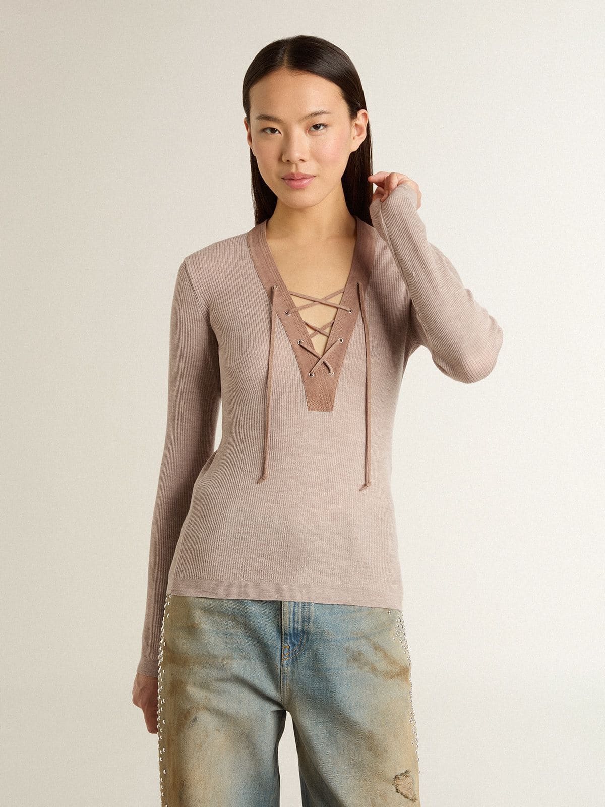 Golden Goose Beige wool sweater with leather details