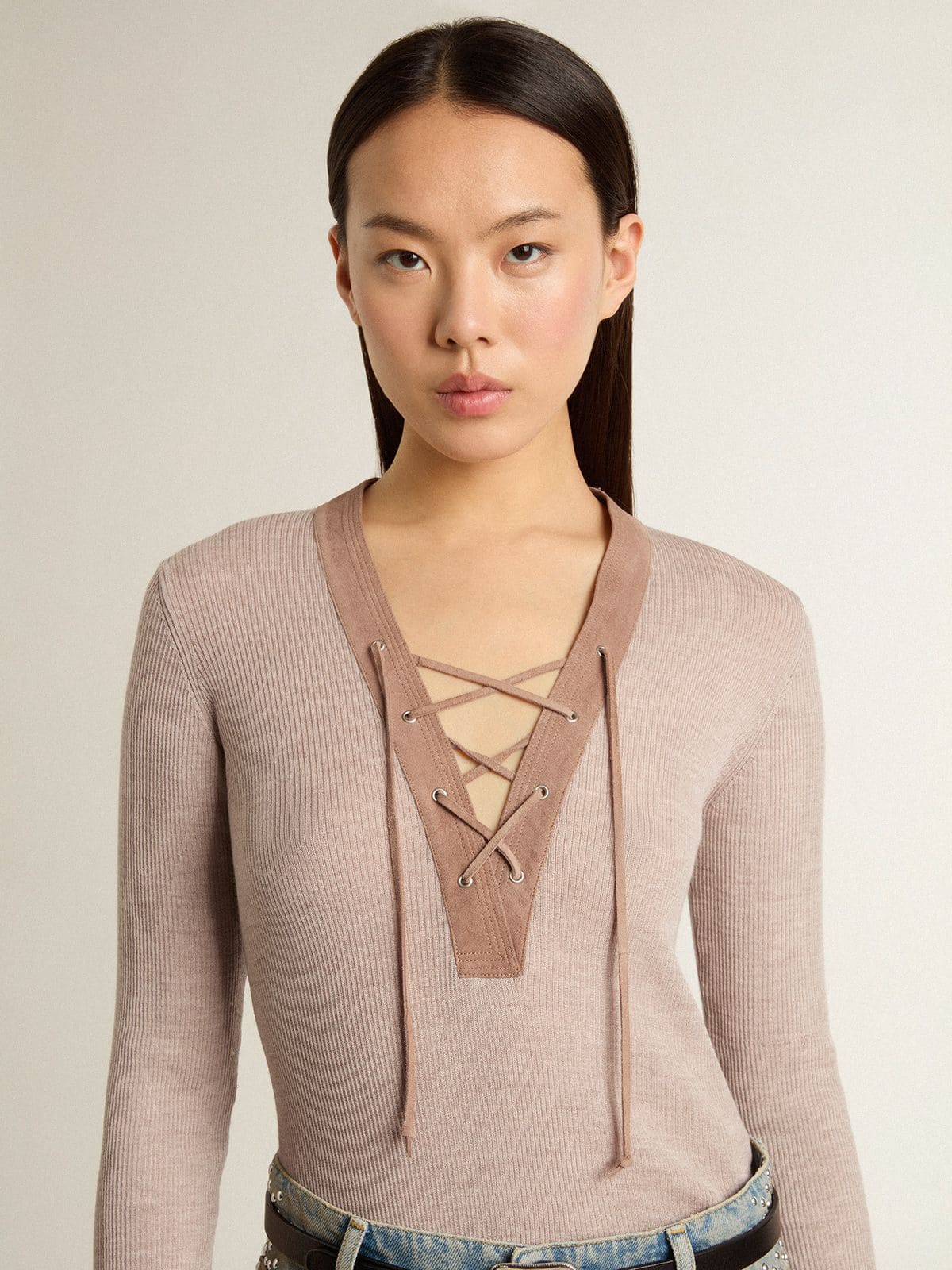 Golden Goose Beige wool sweater with leather details