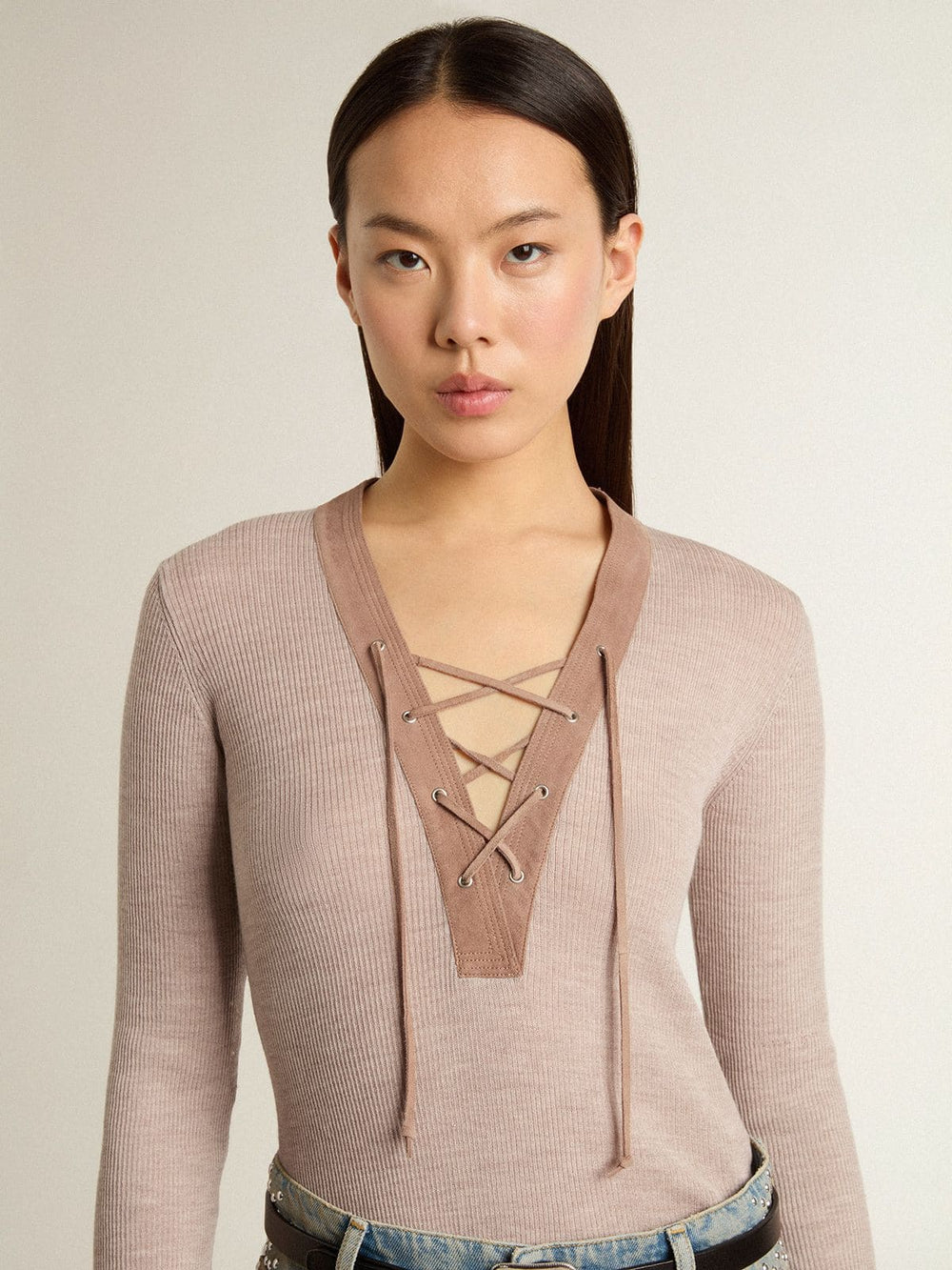 Golden Goose Beige wool sweater with leather details