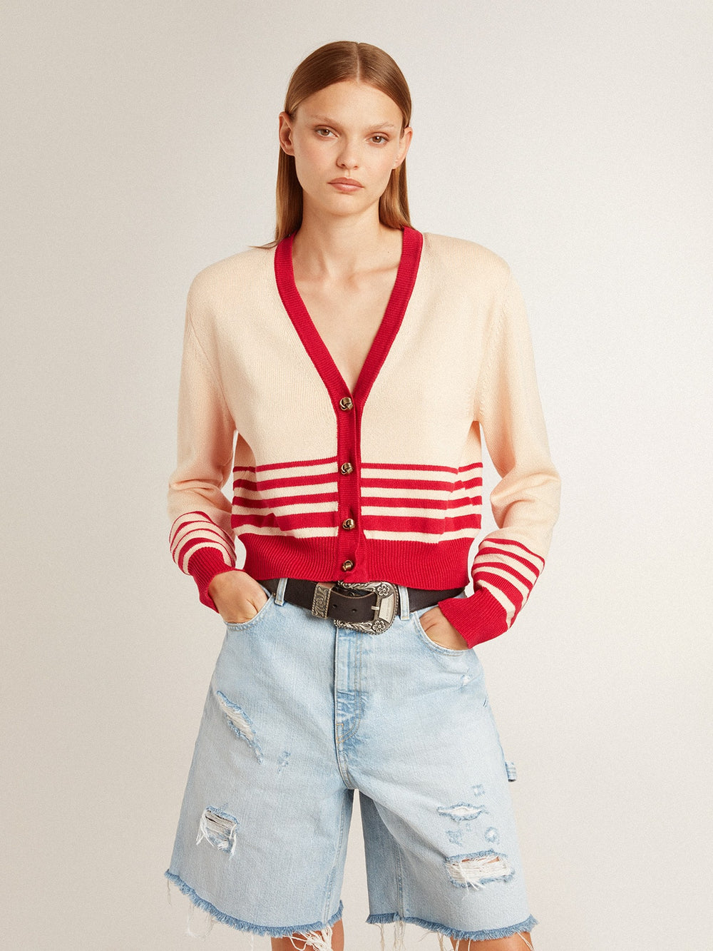 Golden Goose Women's cardigan in cream with red stripes