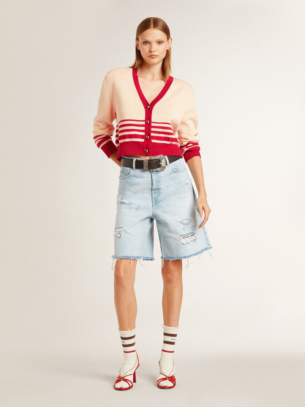 Golden Goose Women's cardigan in cream with red stripes