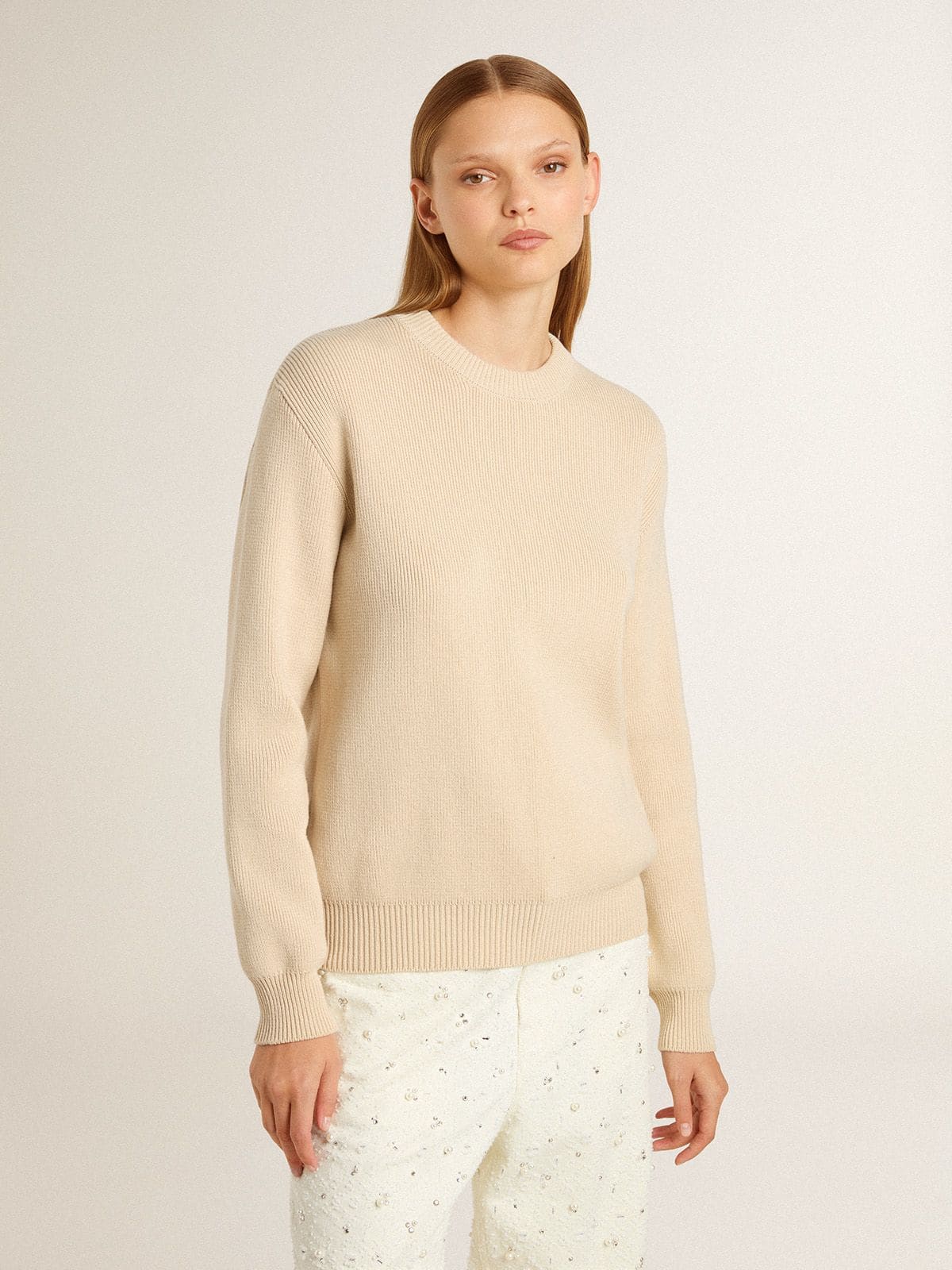 Golden Goose Women's beige sweater with 'Golden' lettering on the back