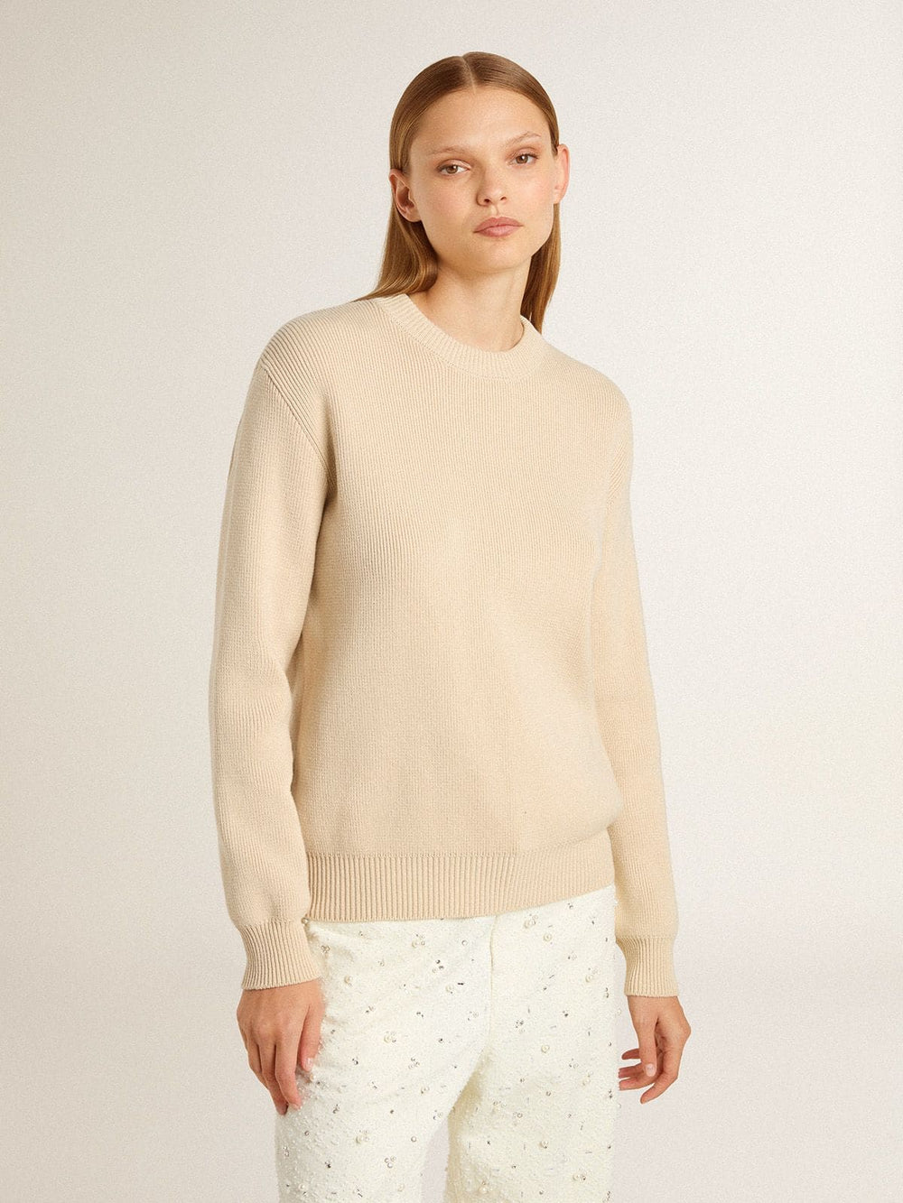 Golden Goose Women's beige sweater with 'Golden' lettering on the back