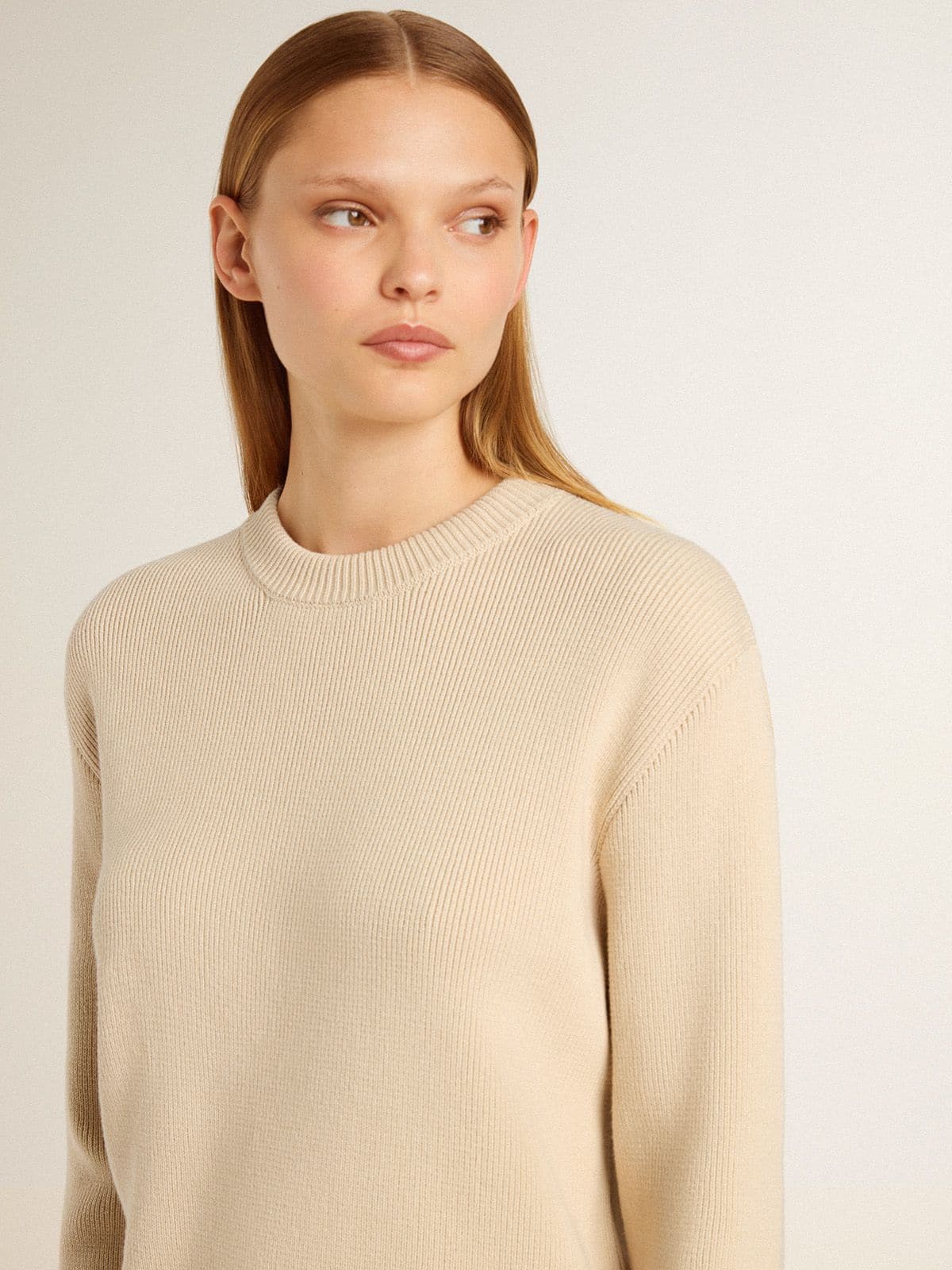 Golden Goose Women's beige sweater with 'Golden' lettering on the back