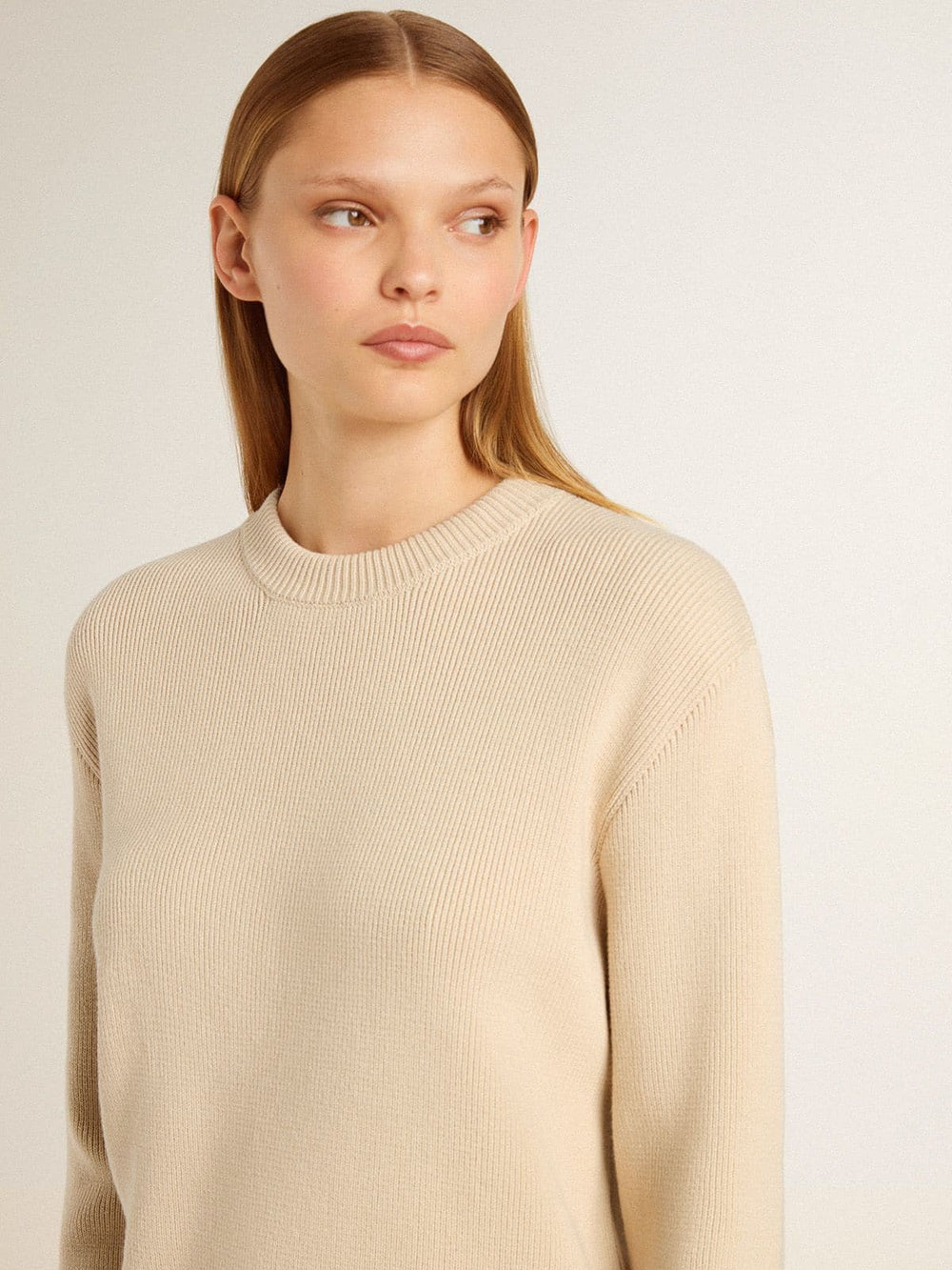 Golden Goose Women's beige sweater with 'Golden' lettering on the back