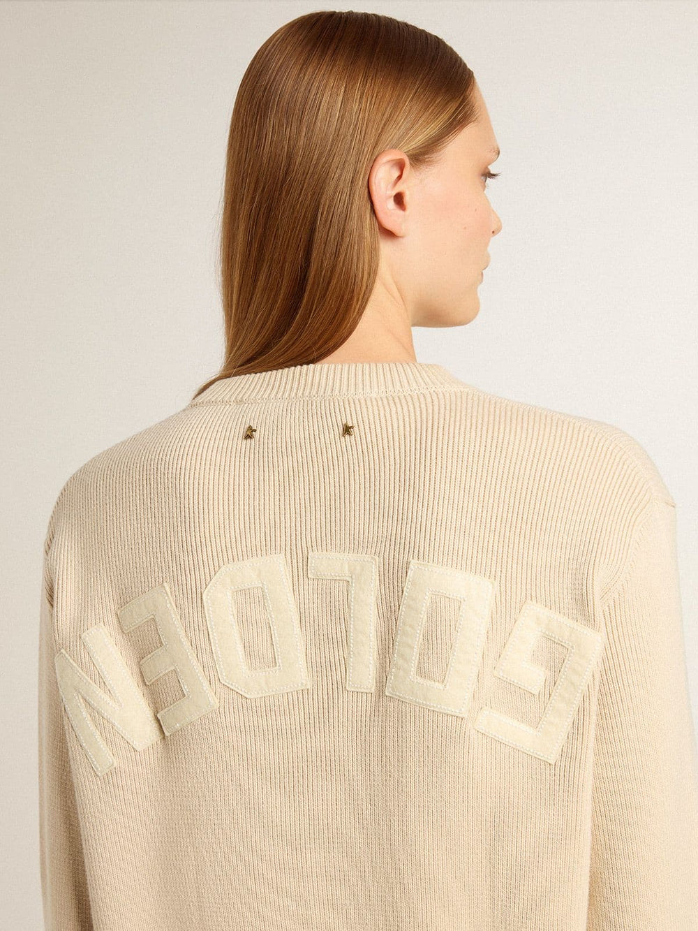 Golden Goose Women's beige sweater with 'Golden' lettering on the back