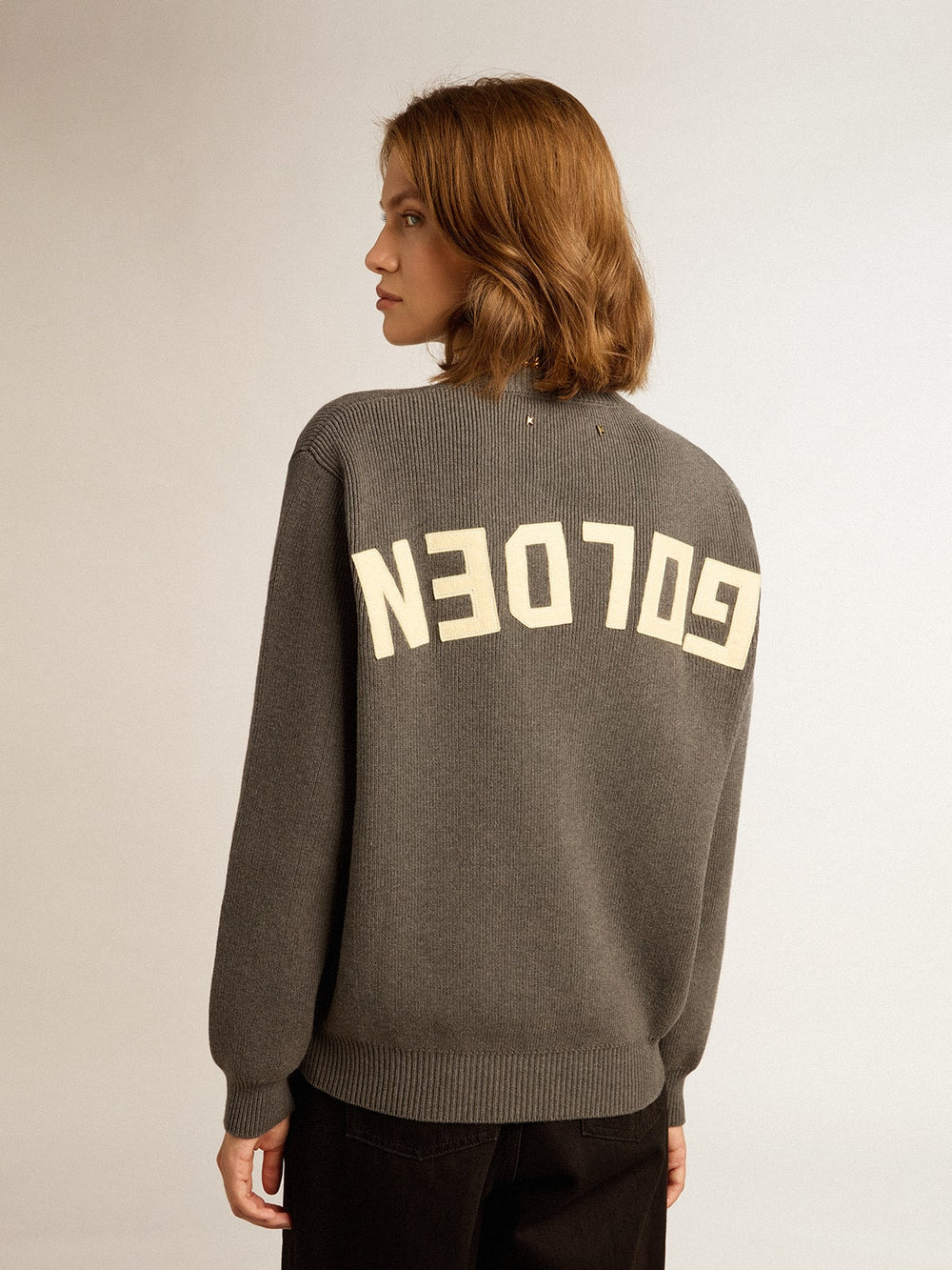 Golden Goose Women's round-neck sweater in dark gray cotton with logo on the back