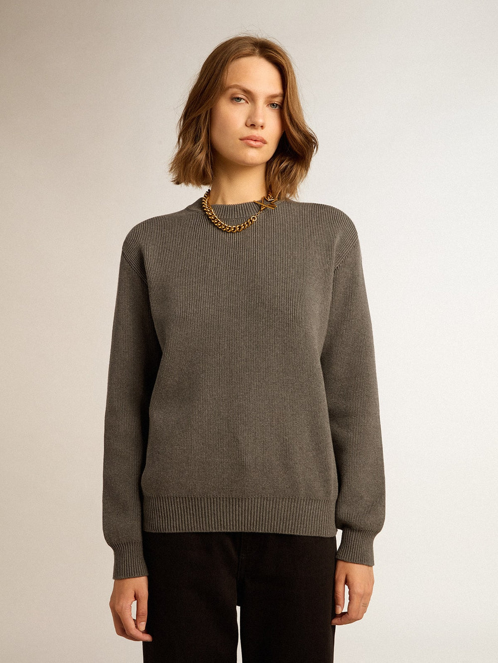 Golden Goose Women's round-neck sweater in dark gray cotton with logo on the back