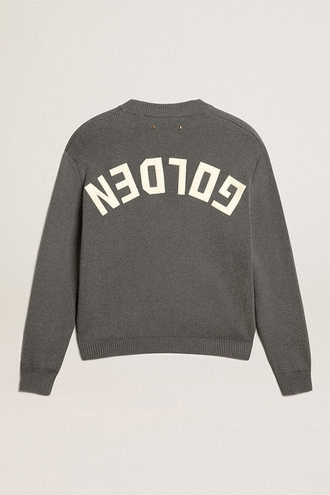 Golden Goose Women's round-neck sweater in dark gray cotton with logo on the back