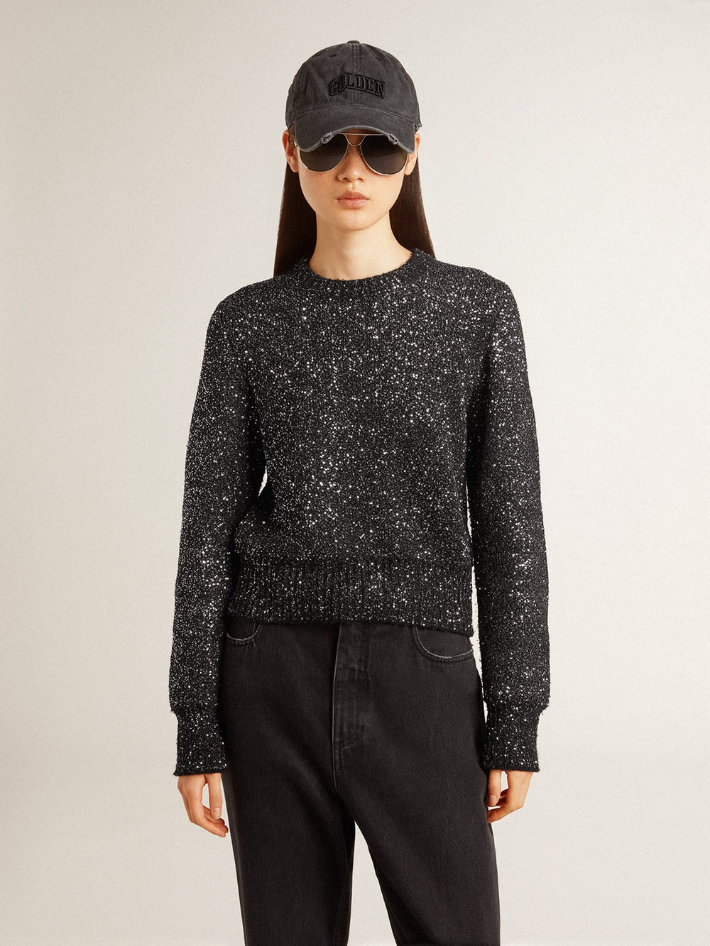 Golden Goose Women's black wool blend cropped sweater with all-over sequins
