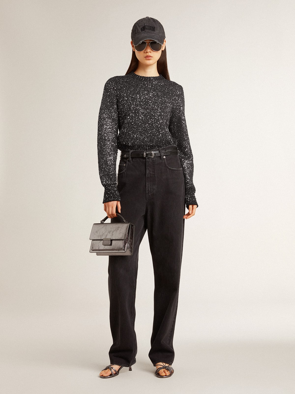 Golden Goose Women's black wool blend cropped sweater with all-over sequins